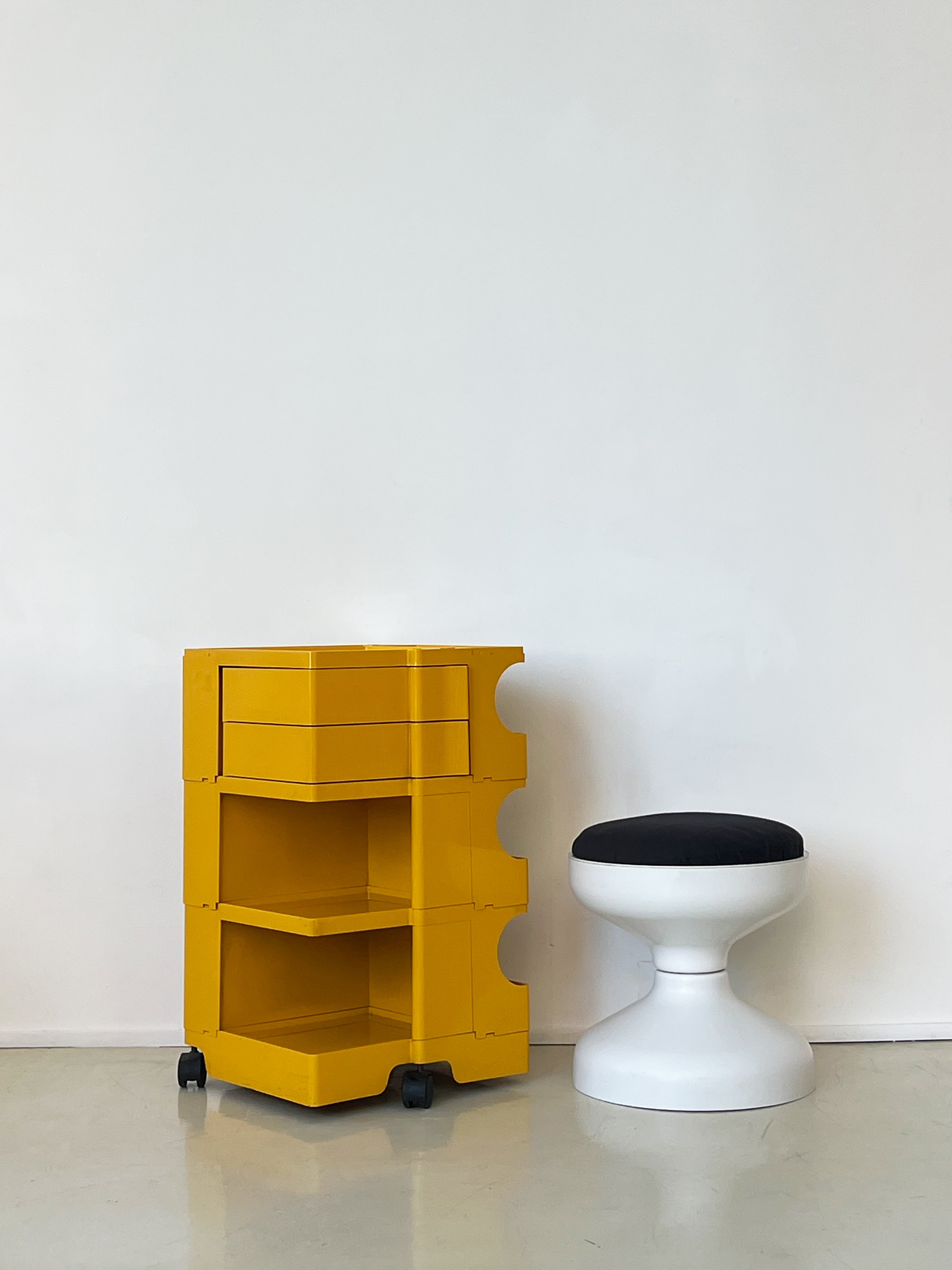 Vintage White Kartell Rochetto Stool With Black Cushion Home Union NYC