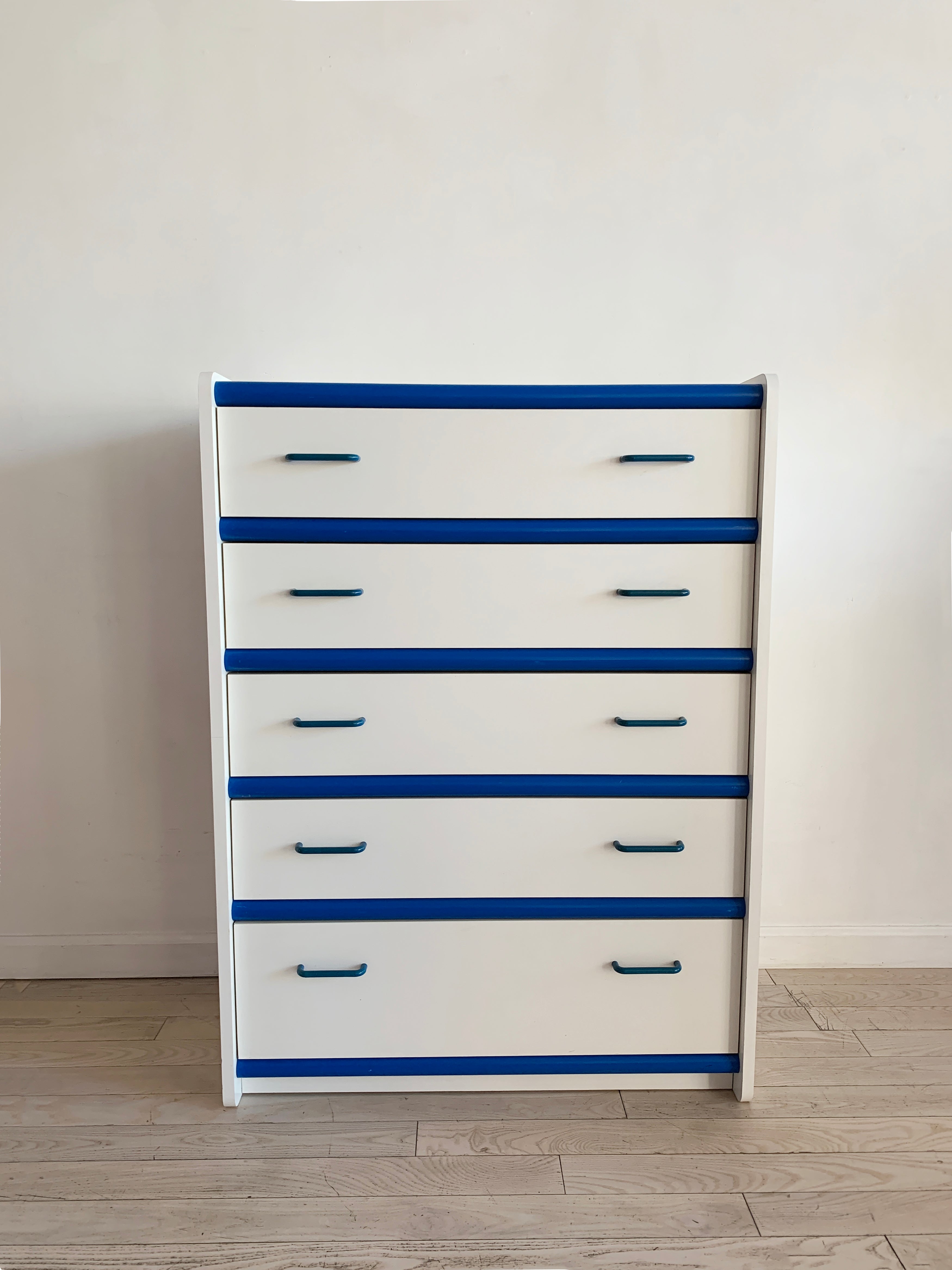 blue and white striped dresser Fun Vintage White & Blue Contrast Tallboy Dresser – Home Union NYC