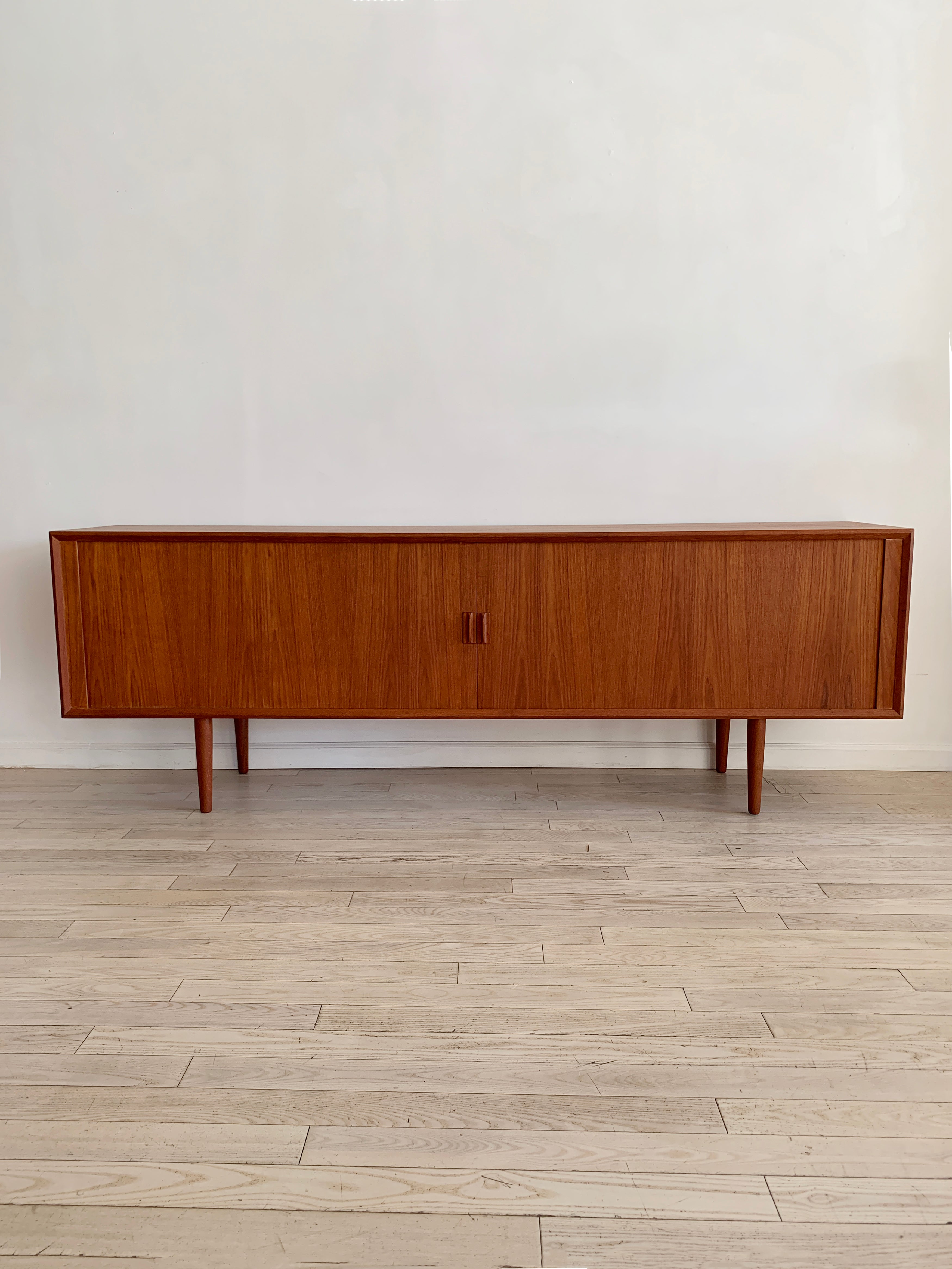 Mid Century Danish Teak Long Tambour Door Credenza by Svend Larsen
