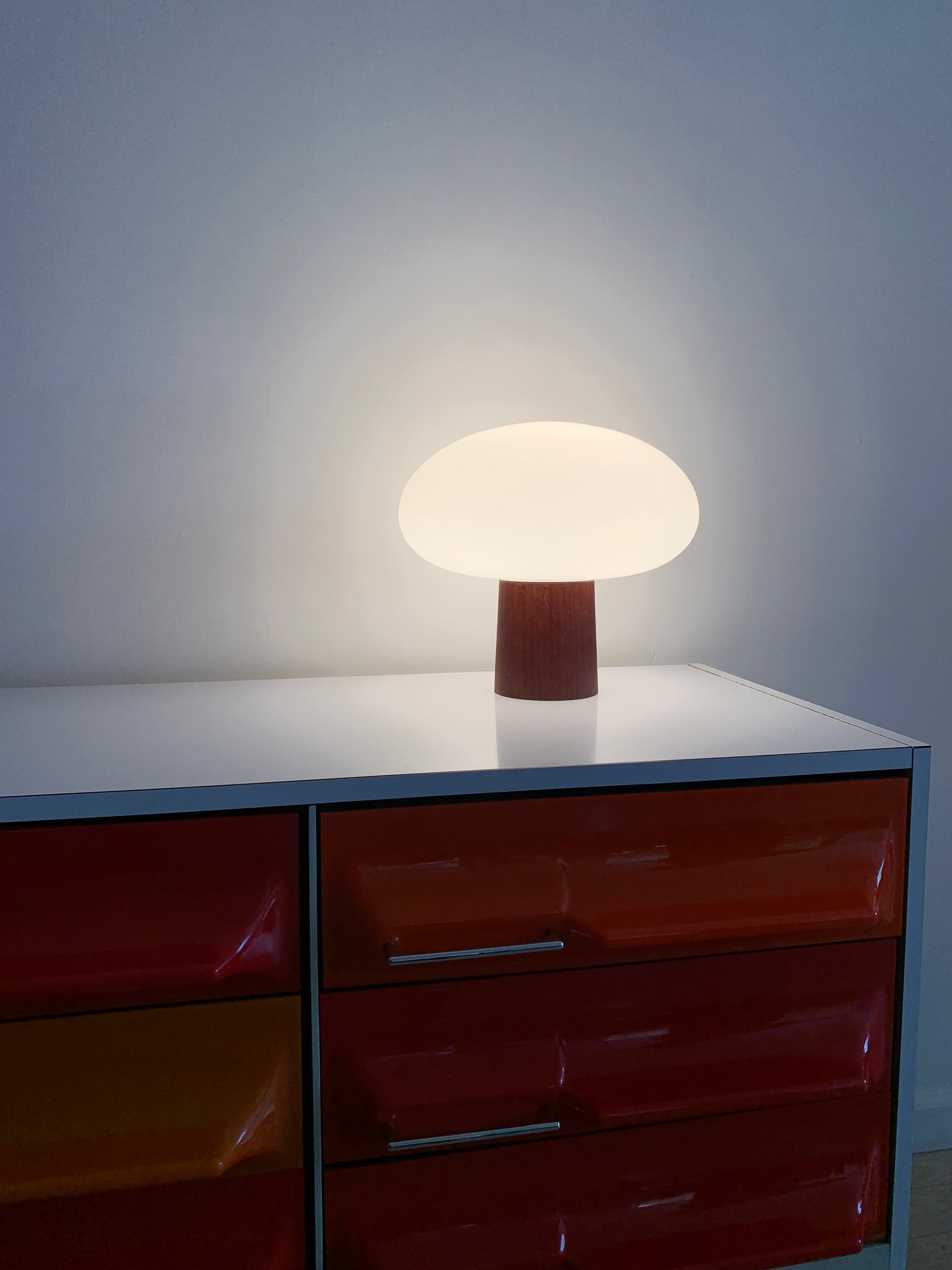 Mid Century Teak Base Laurel Lamp W/ Frosted Glass Mushroom Shade 