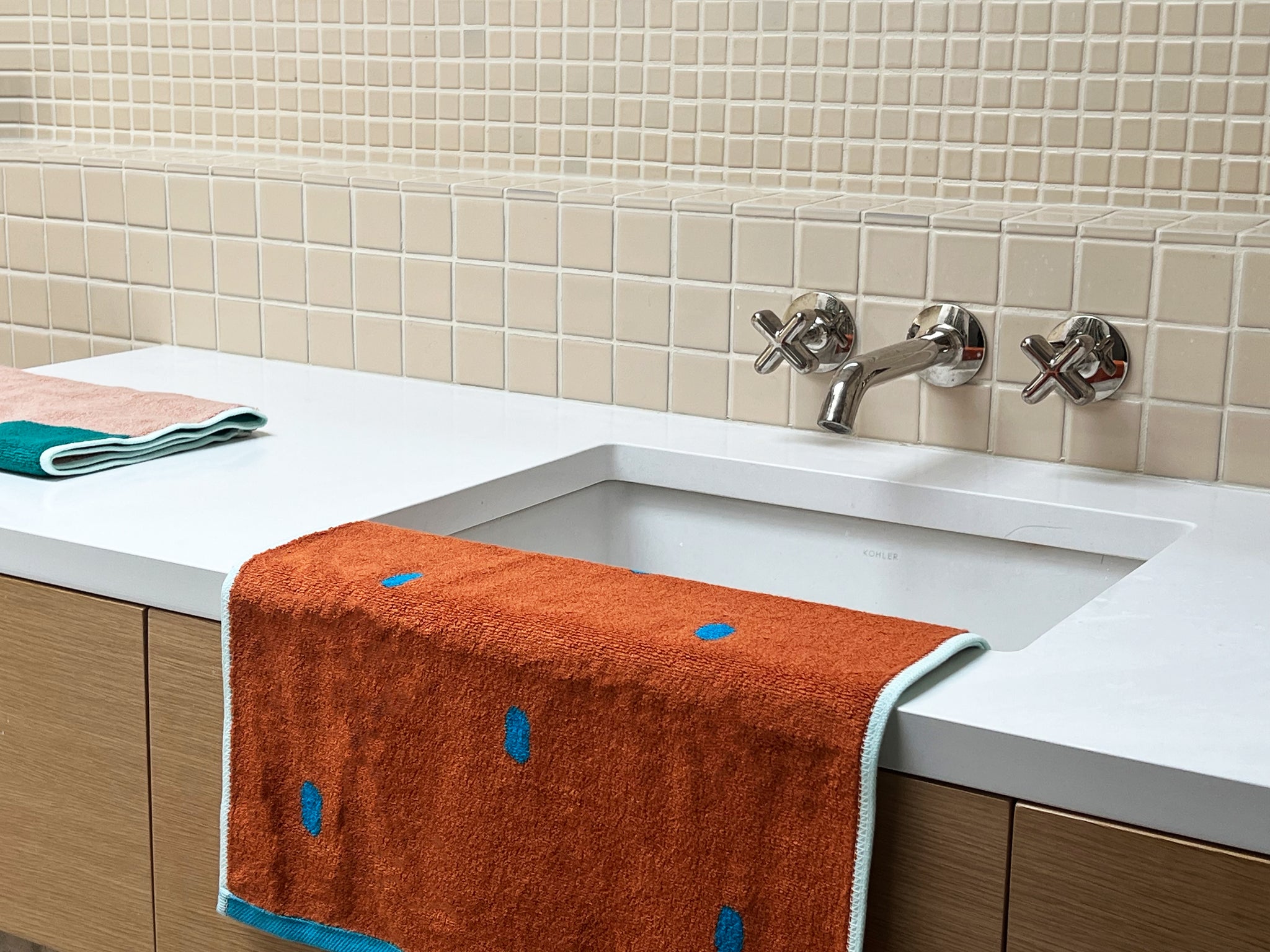 Terracotta + Bright Blue Bamboo Hand Towel