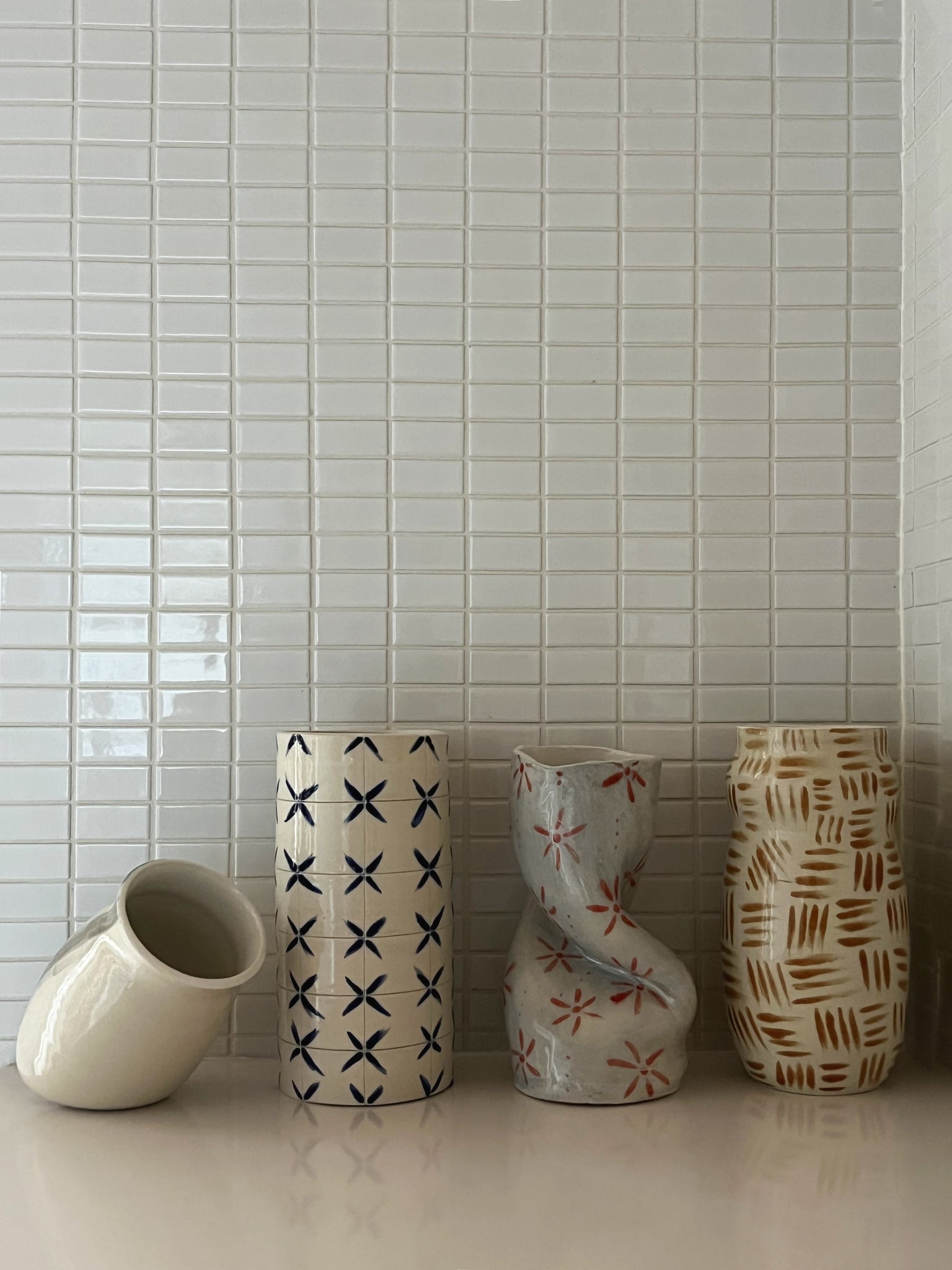 Handmade Ceramic Cylinder Vase in Gridded Tiles