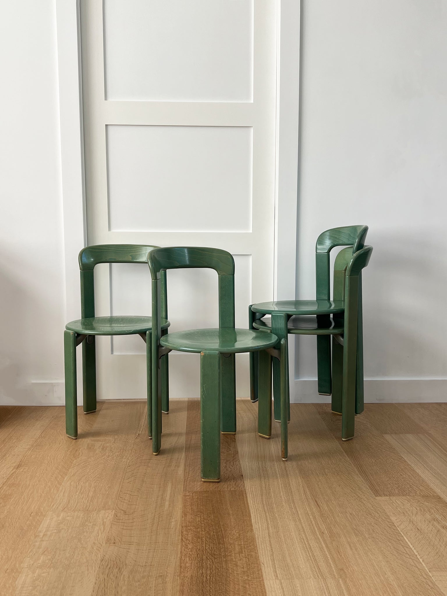 Set of 4 Vintage Bruno Rey Moss Green Stain Rey Dining Chairs