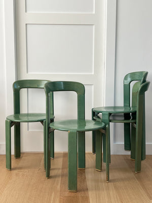 Set of 4 Vintage Bruno Rey Moss Green Stain Rey Dining Chairs