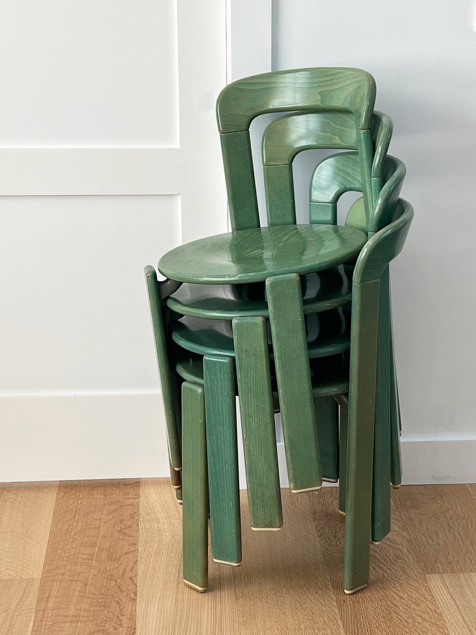 Set of 4 Vintage Bruno Rey Moss Green Stain Rey Dining Chairs