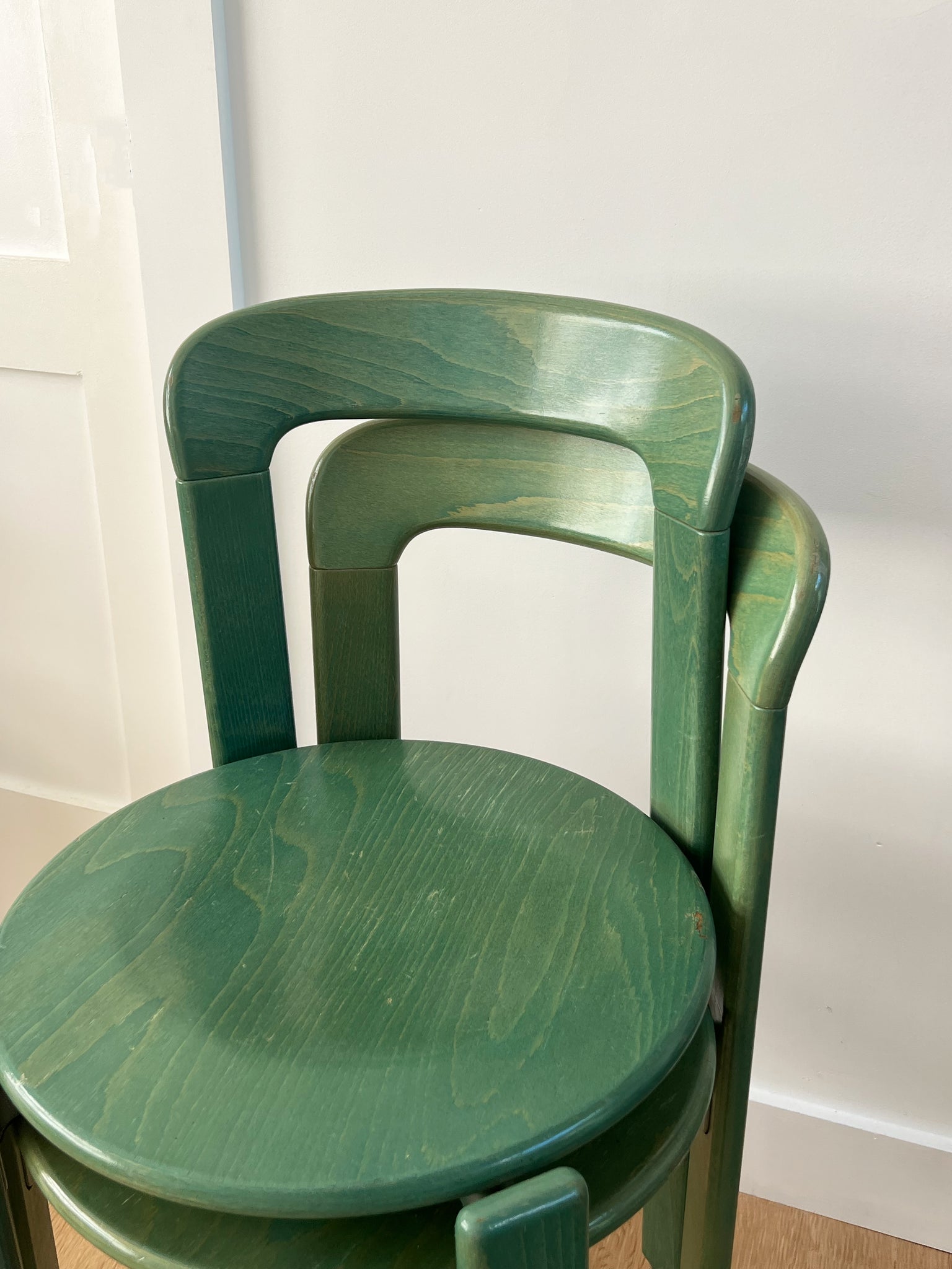 Set of 4 Vintage Bruno Rey Moss Green Stain Rey Dining Chairs