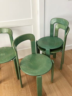 Set of 4 Vintage Bruno Rey Moss Green Stain Rey Dining Chairs