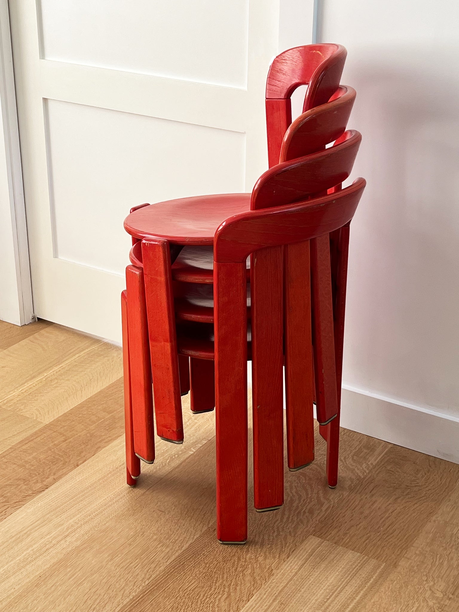 Set of 4 Vintage Bruno Rey Red Stain Rey Dining Chairs