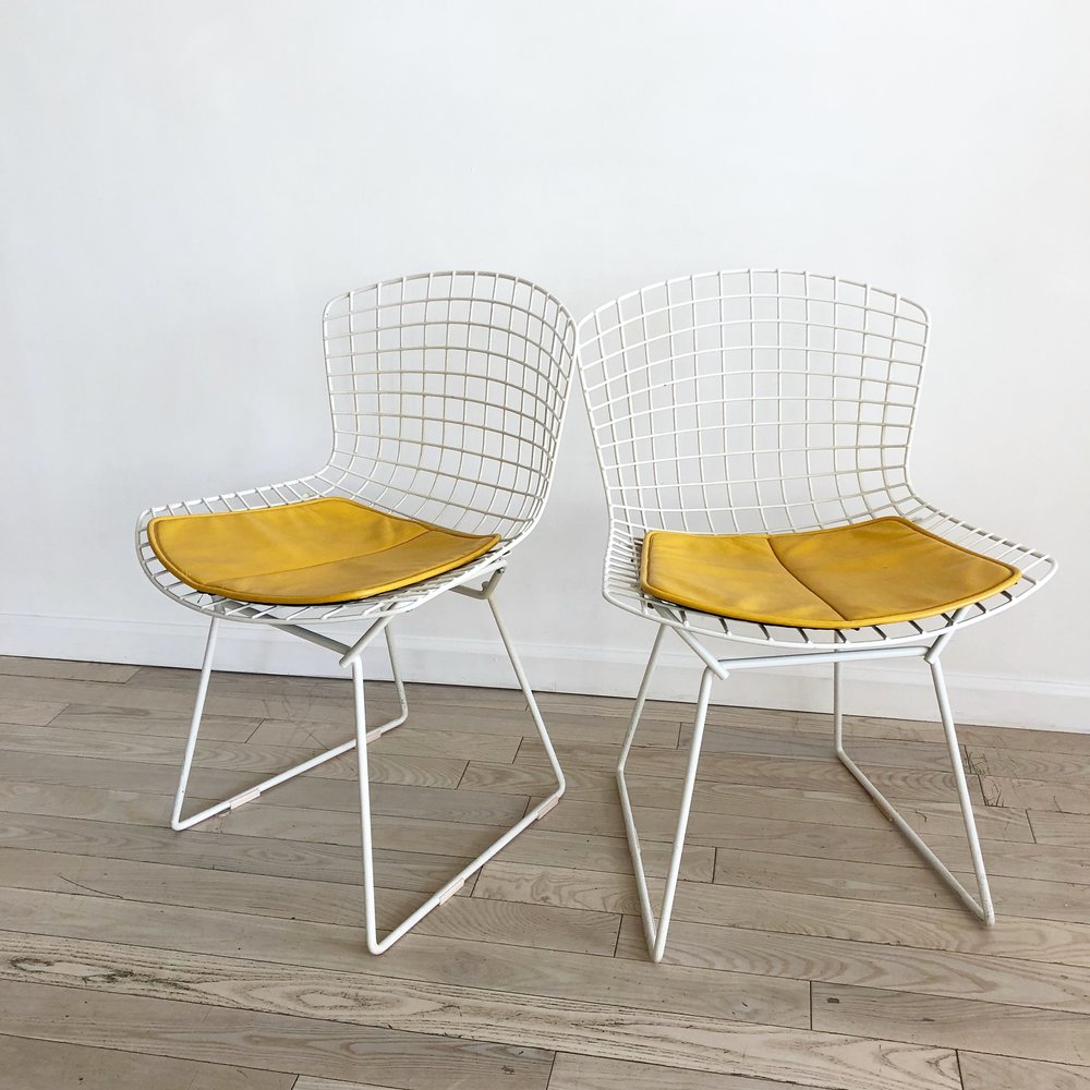 Pair of Mid Century Knoll Bertoia Side Chairs in White w/ Yellow
