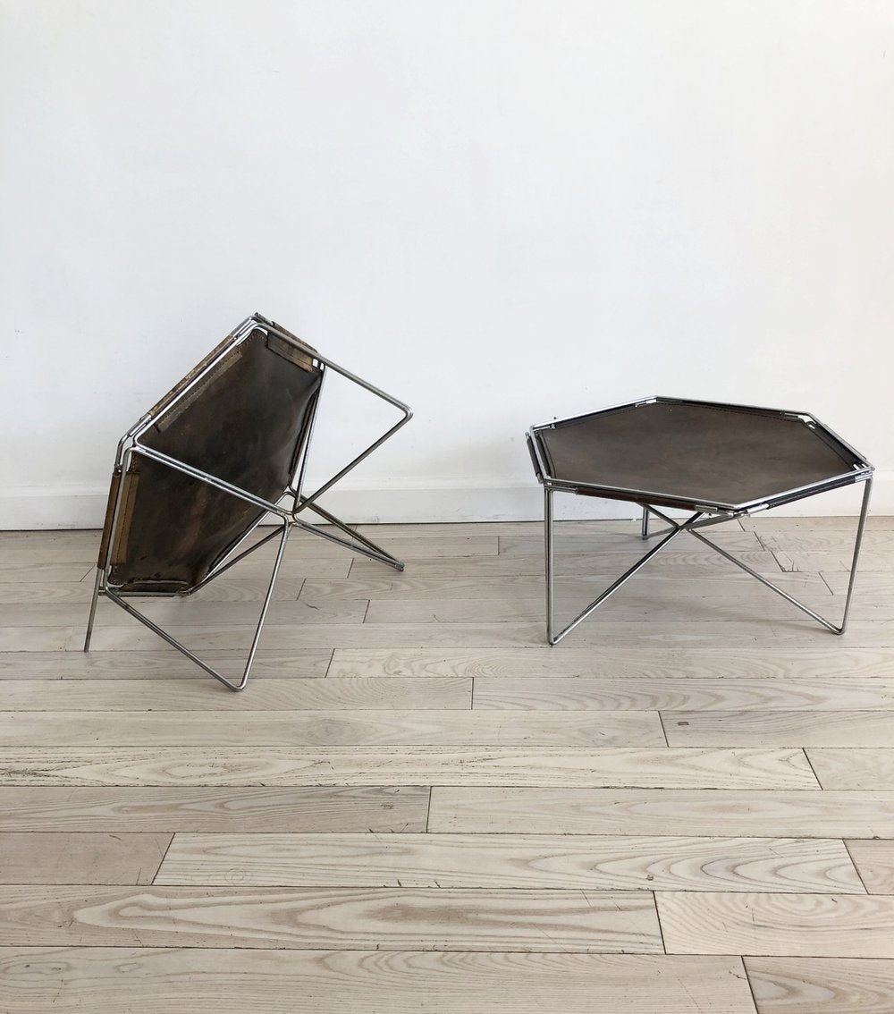 Mid Century Leather + Chrome Caged Side Tables- Each