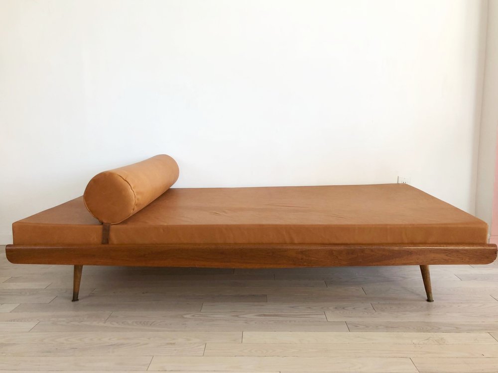 Stunning Mid Century Daybed in Caramel Genuine Leather Upholstery