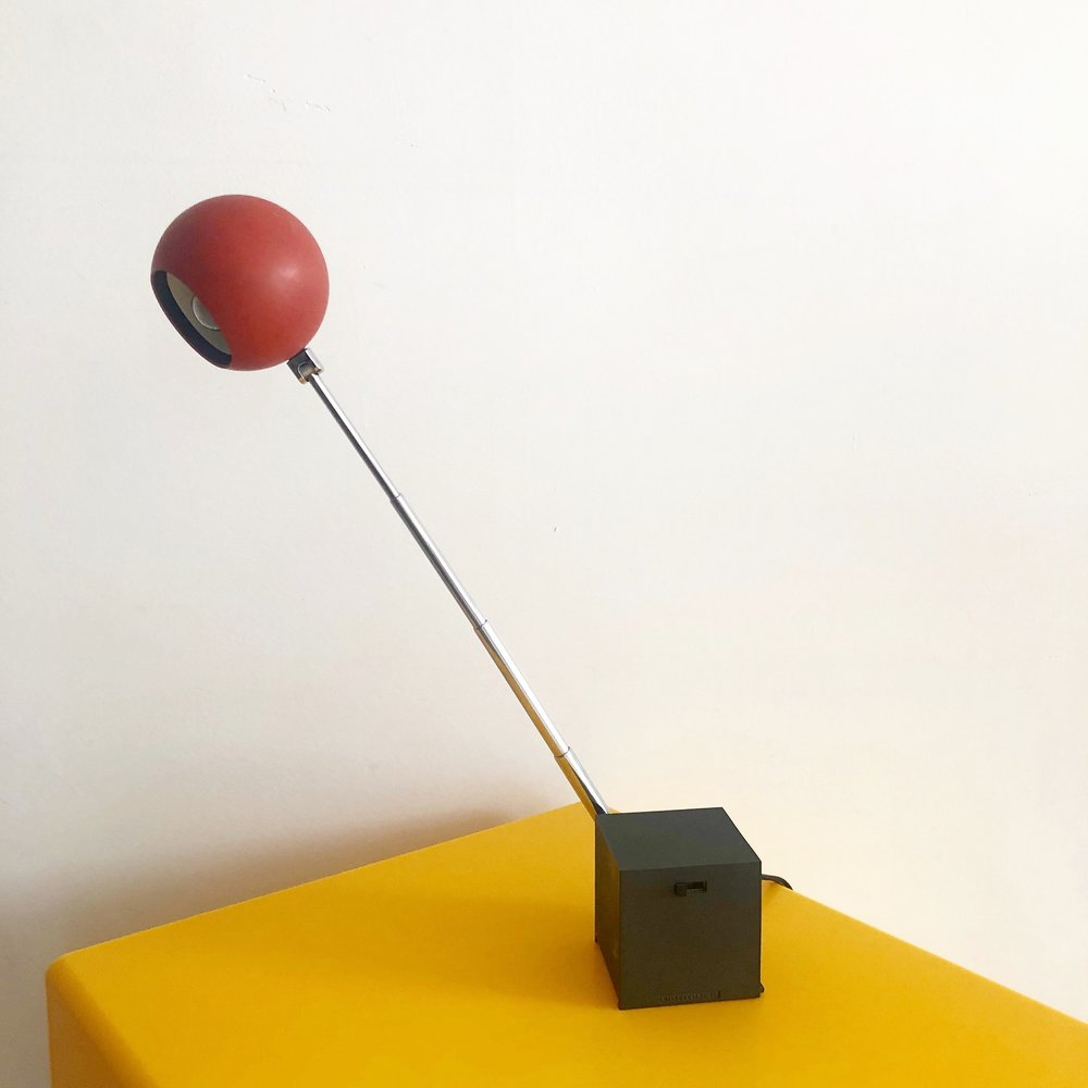 Mid Century Red Orb Lamp with Square Base by Micheal Lax