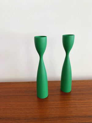 Mid Century Danish Green lacquered Candle Stick Holders-pair