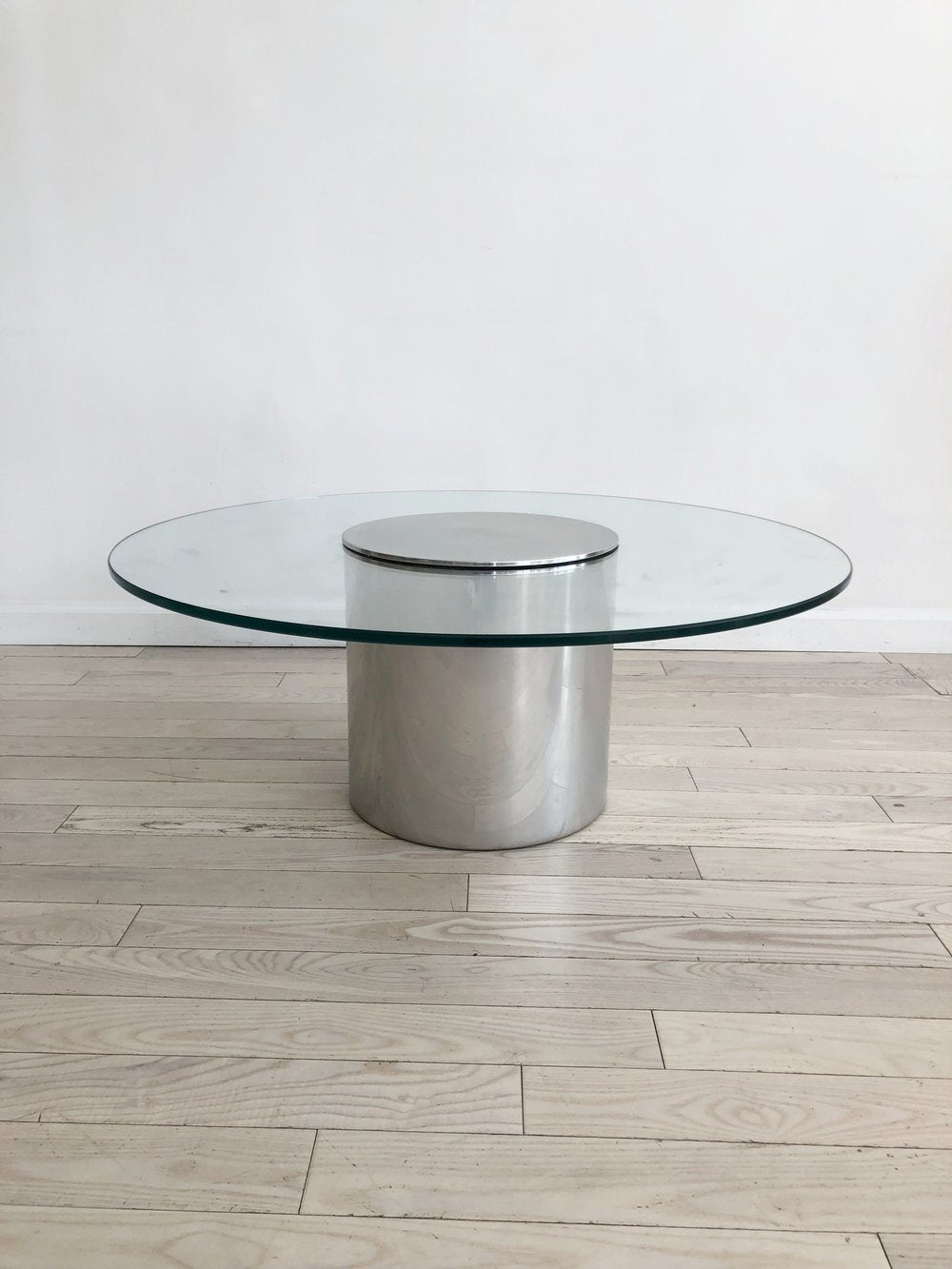 Paul Mayen Aluminum Drum and Circle Glass Coffee Table