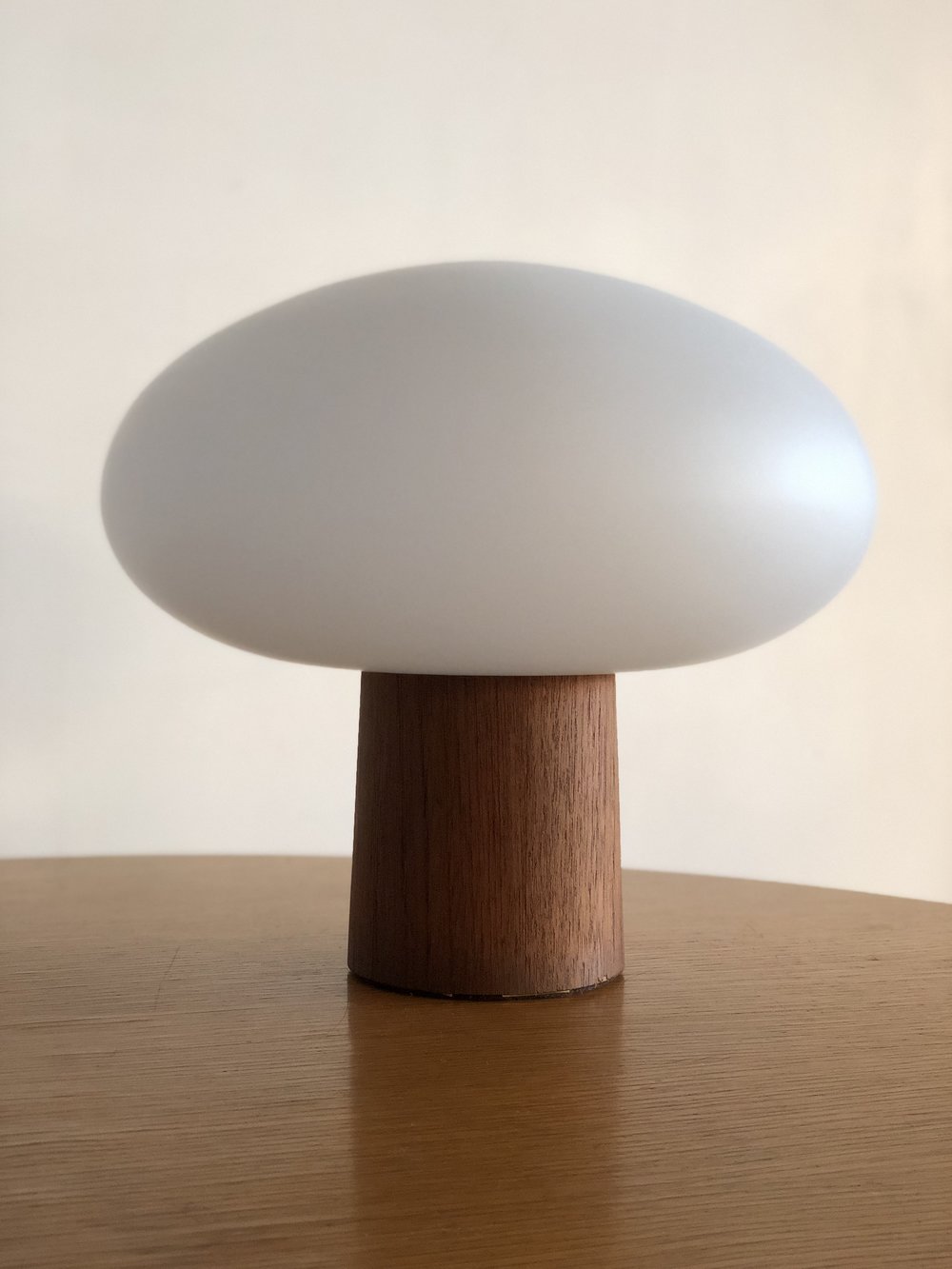 Mid Century Teak Base Laurel Lamp W/ Frosted Glass Mushroom Shade