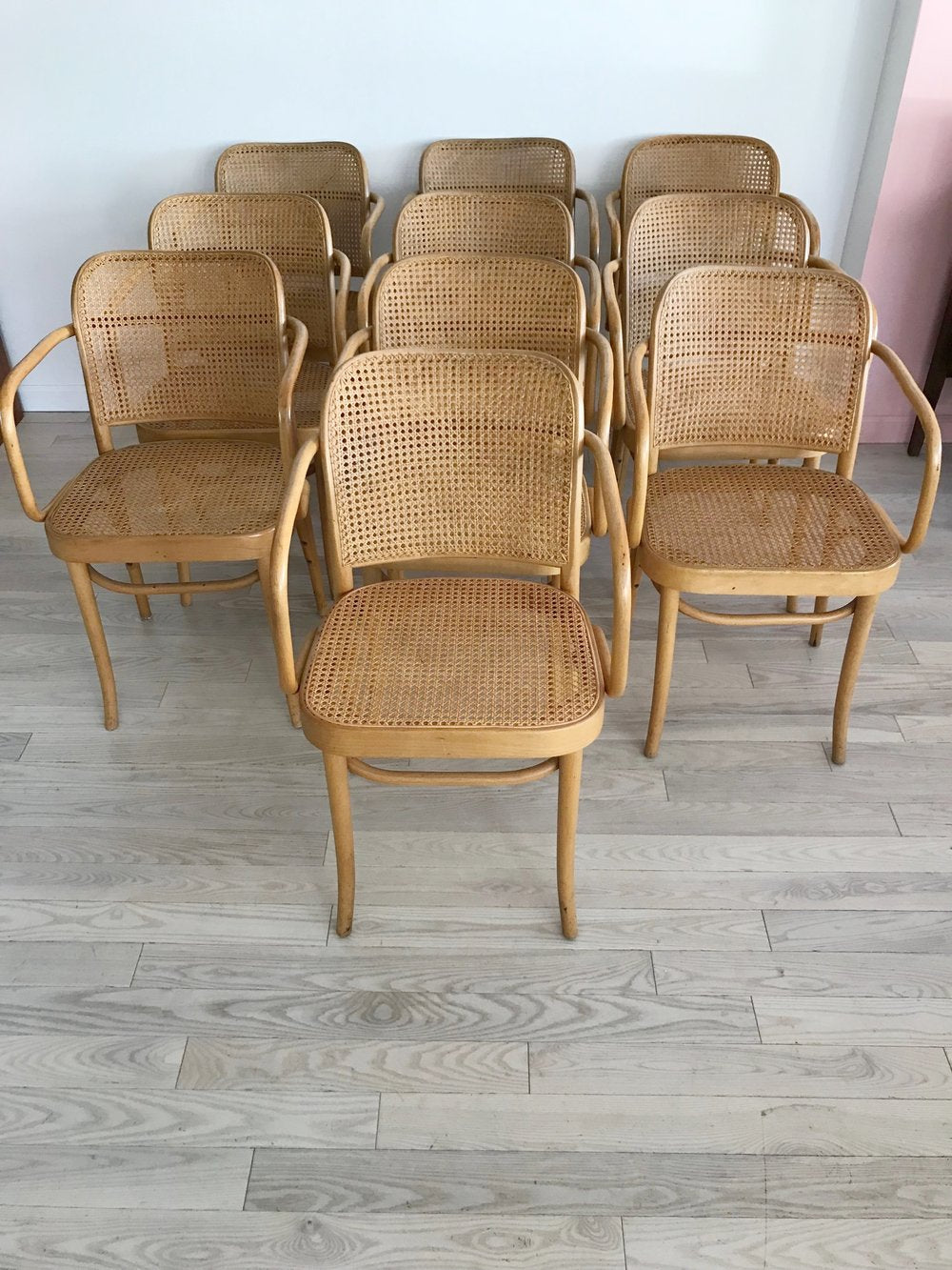 Set of 10 Mid Century Josef Hoffmann "Prague" 811 Cane and Bentwood Chairs with Arms