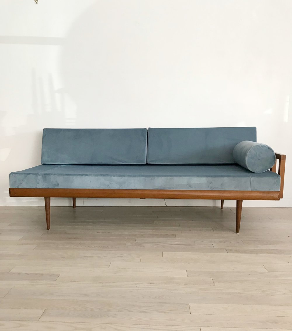 Mid Century Soft Blue Velvet Daybed Sofa