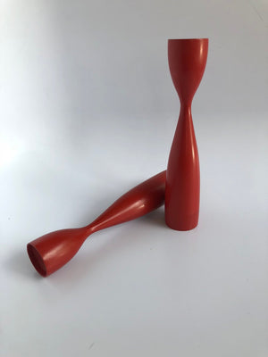 Mid-Century Red Danish Wooden Candle Stick Holders-Pair