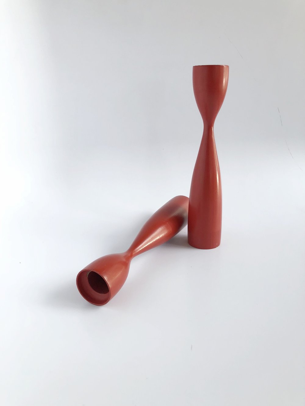 Mid-Century Red Danish Wooden Candle Stick Holders-Pair