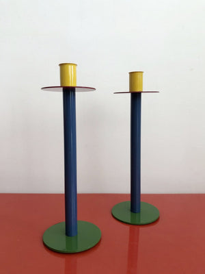 Memphis Style Metal Italian Candle Stick Holders - Pair