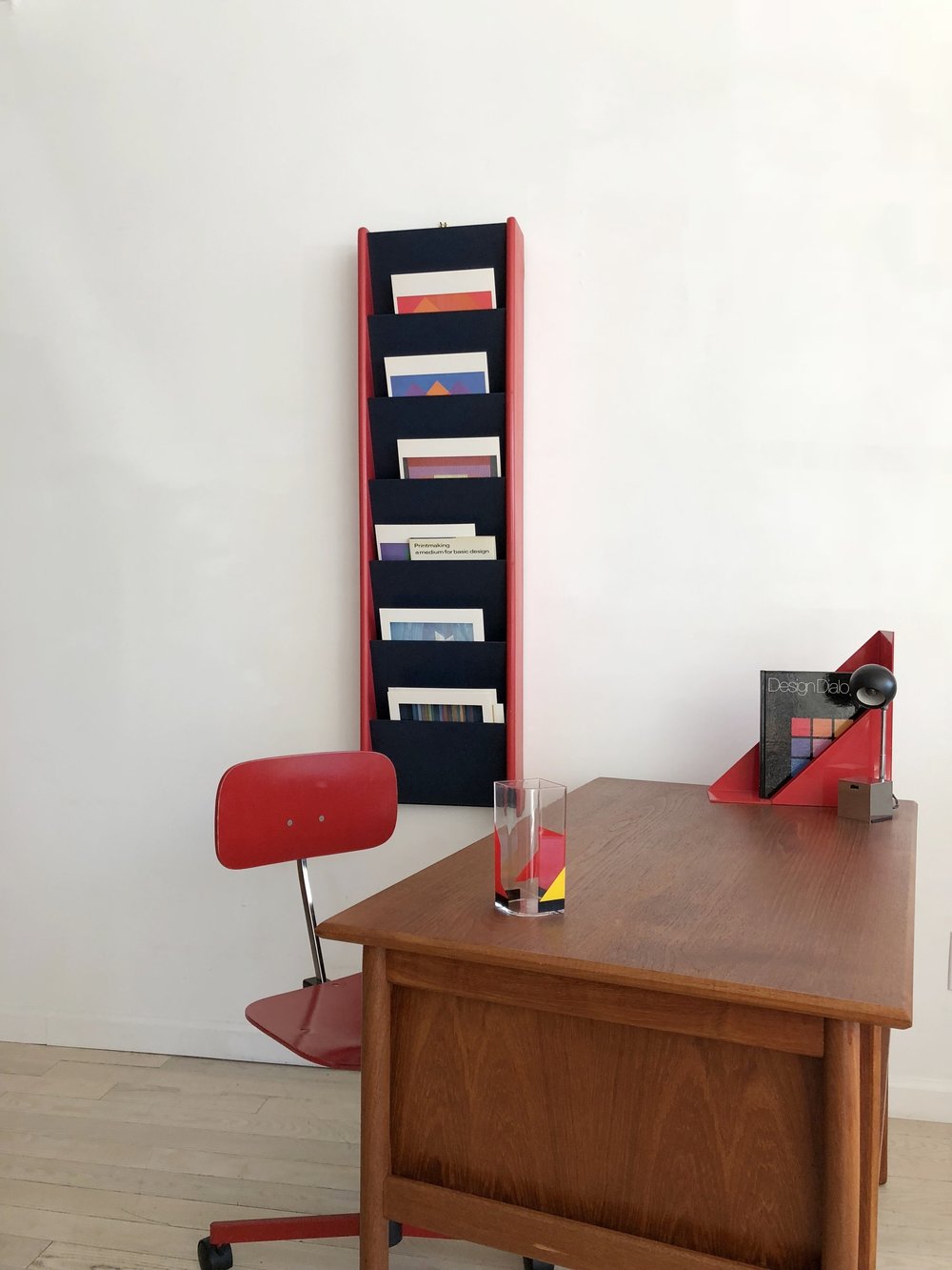 1970s Red + Navy Wall Mounted Magazine Rack By Peter Pepper Products