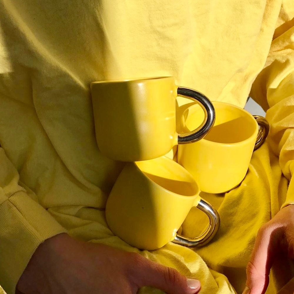 Happy Yellow Handmade ceramic Mugs with 22kt Gold Handle