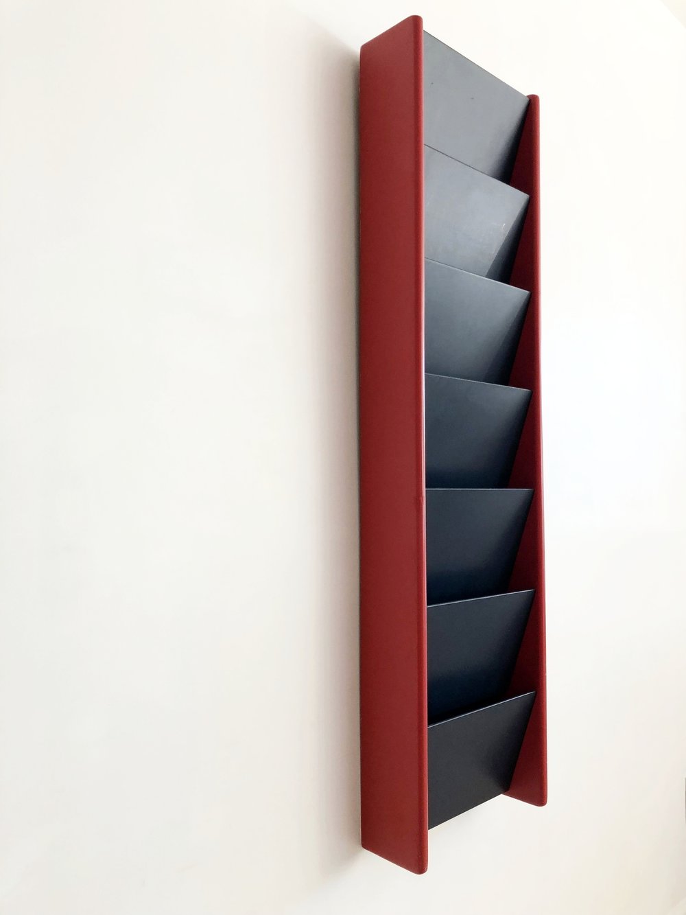 1970s Red + Navy Wall Mounted Magazine Rack By Peter Pepper Products