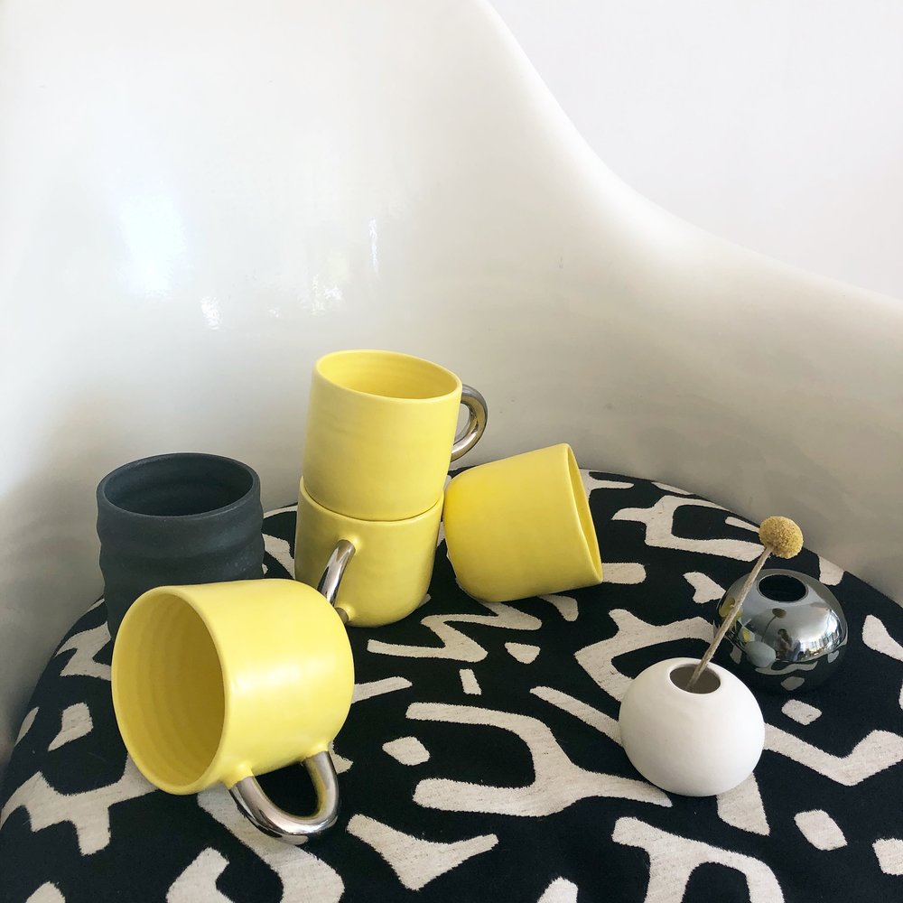 Happy Yellow Handmade ceramic Mugs with 22kt Gold Handle