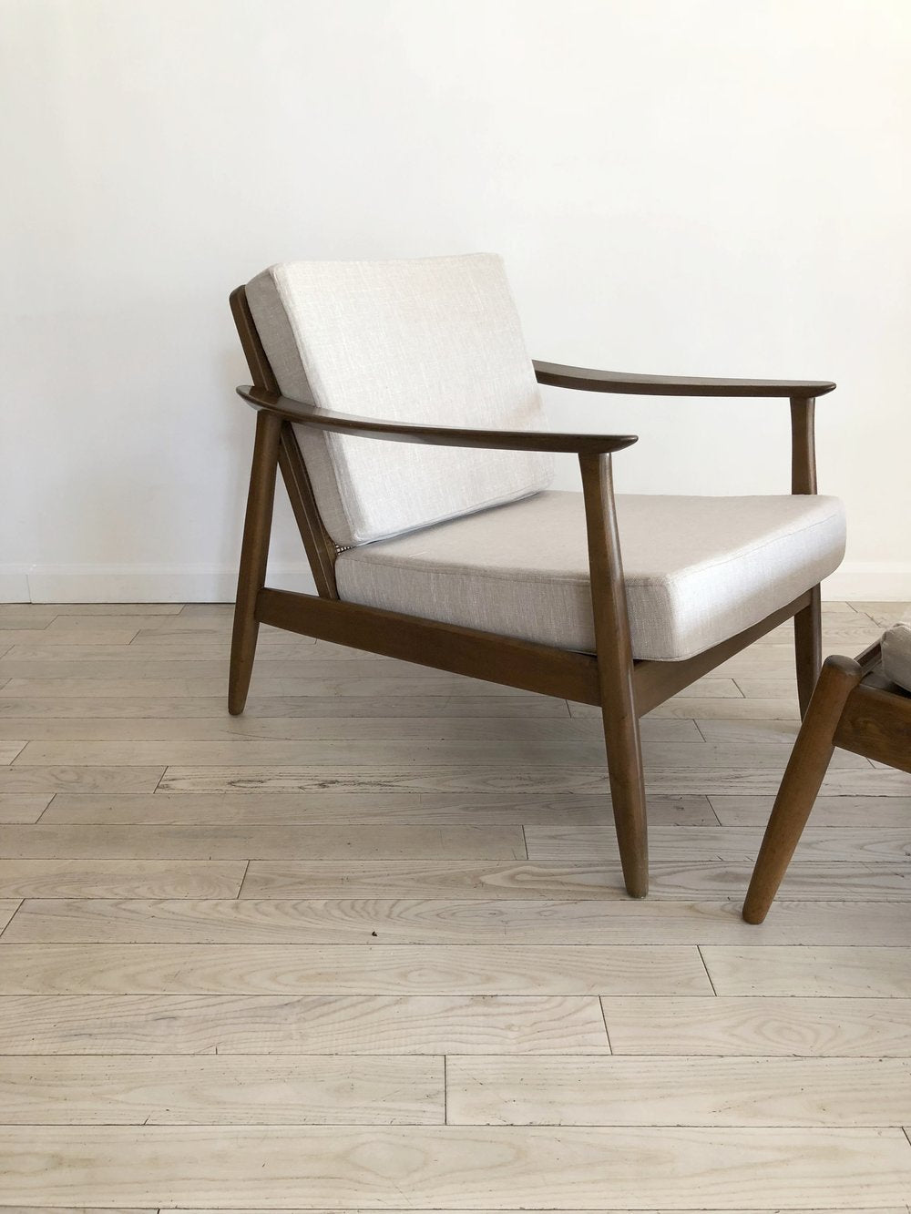 1960s Scandinavian Cane Back Lounge Chair W/ Ottoman by Folke Ohlsson for Dux in Linen