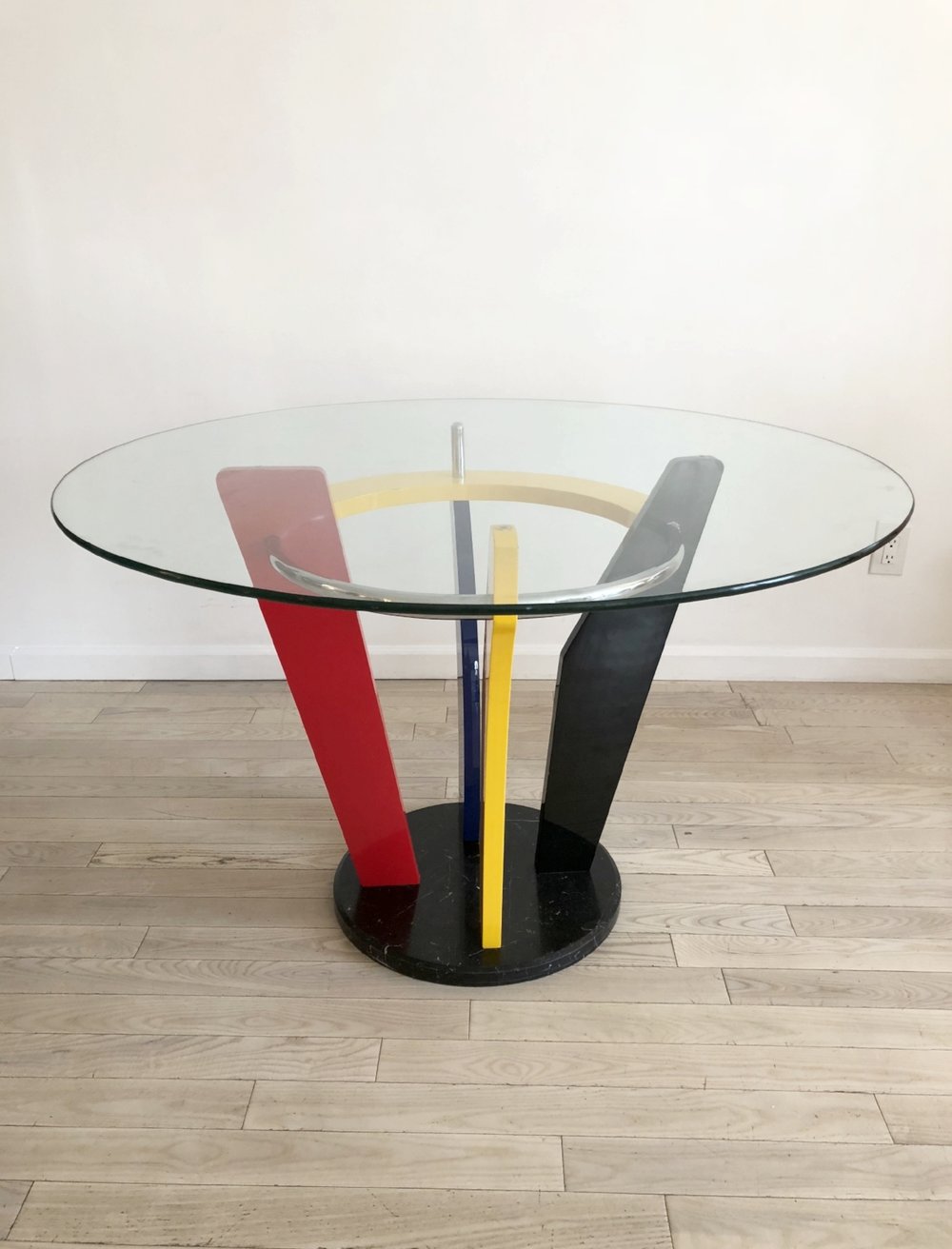 1980s Memphis Style Marble + Glass Round Dining Table