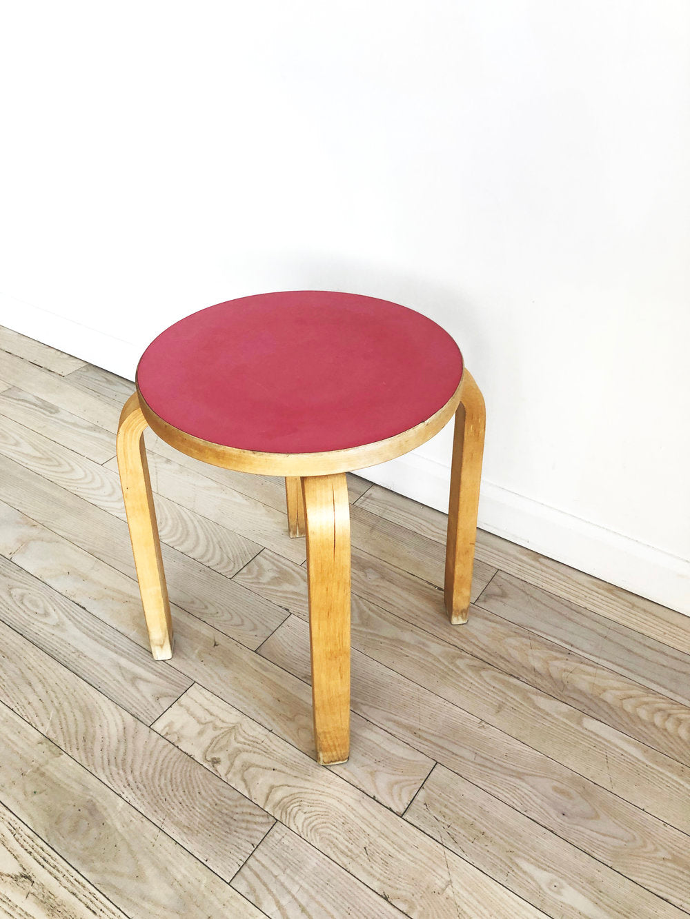 Mid Century Stool E60 By Alvar Aalto by ICF in Beech with Red Top