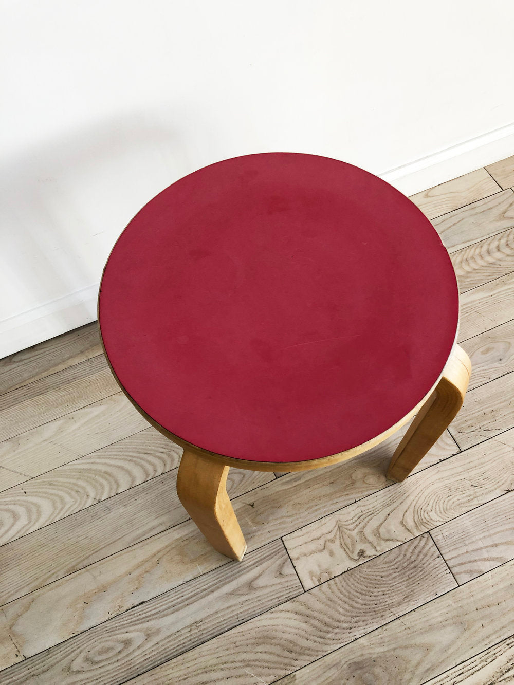 Mid Century Stool E60 By Alvar Aalto by ICF in Beech with Red Top