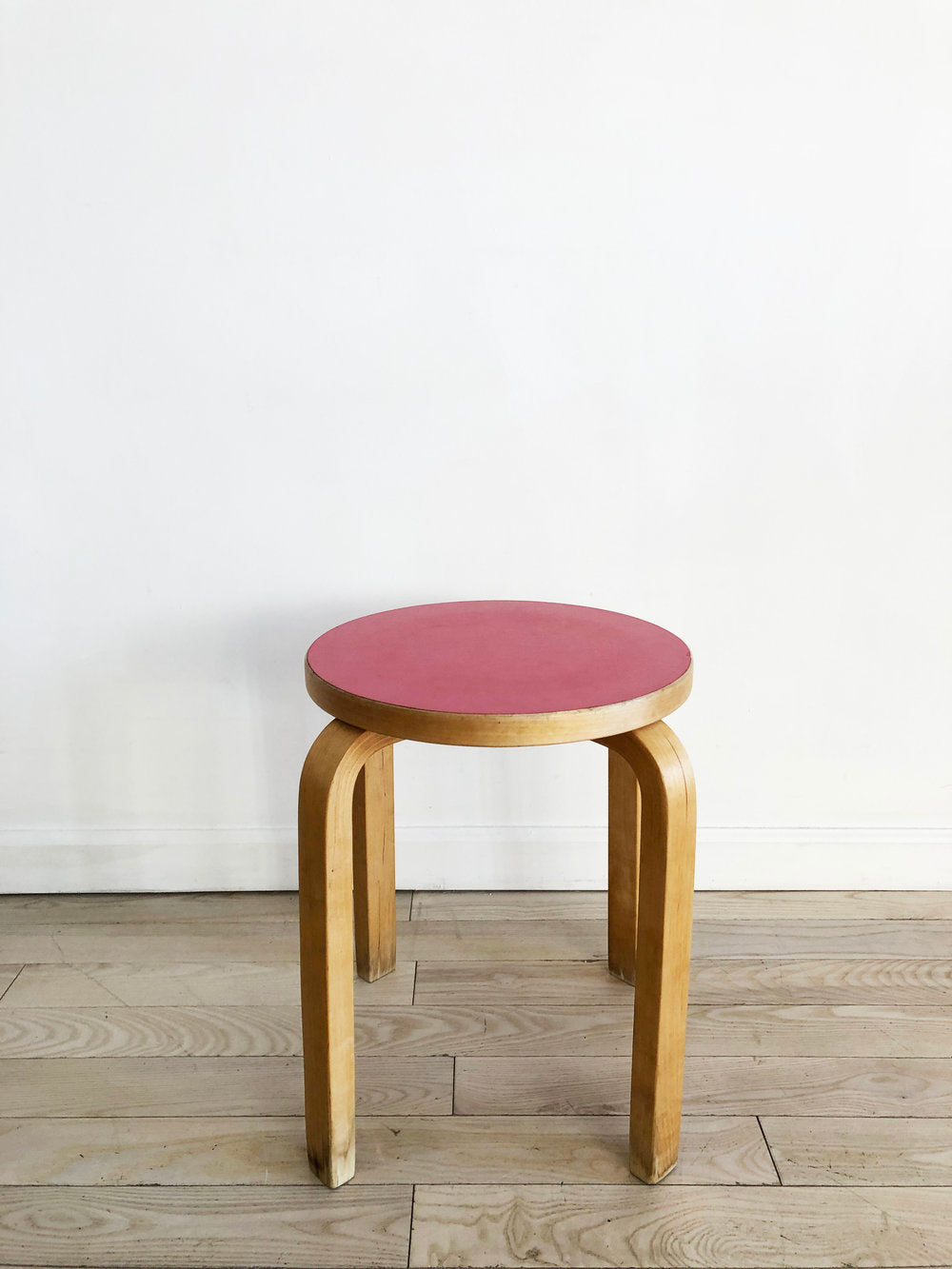 Mid Century Stool E60 By Alvar Aalto by ICF in Beech with Red Top