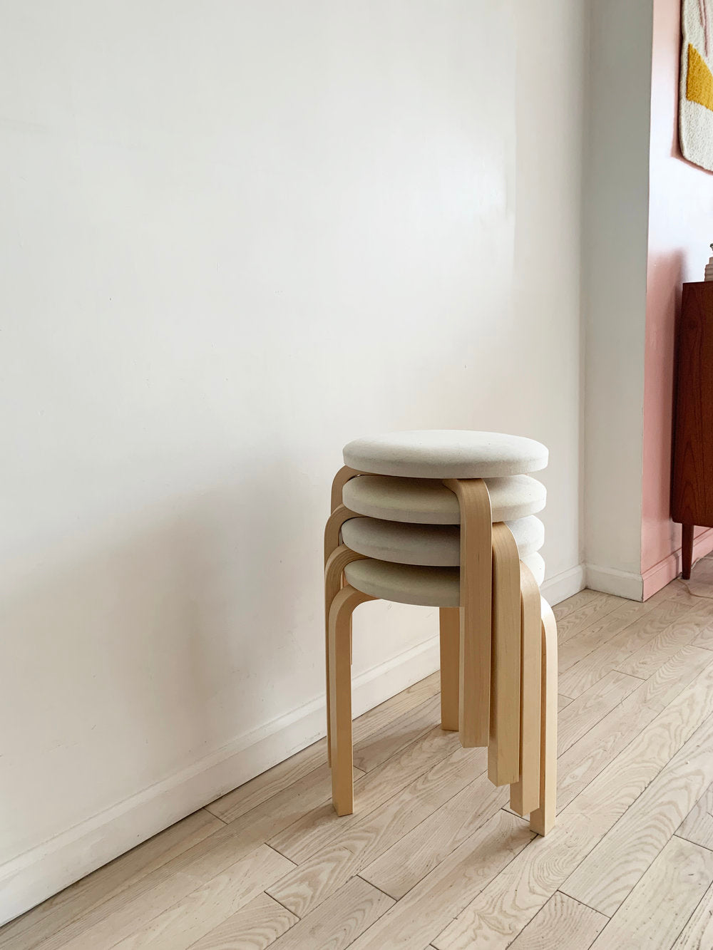 Stack of 4 Model 60 Stools by Alvar Aalto for Artek w/ Linen Tops ...