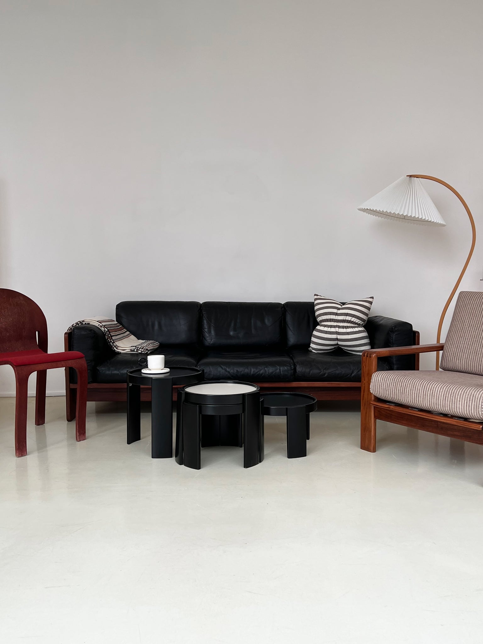 1970s Black Leather and Rosewood Tobia Scarpa 3-Seat Bastiano Sofa