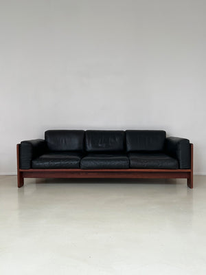 1970s Black Leather and Rosewood Tobia Scarpa 3-Seat Bastiano Sofa