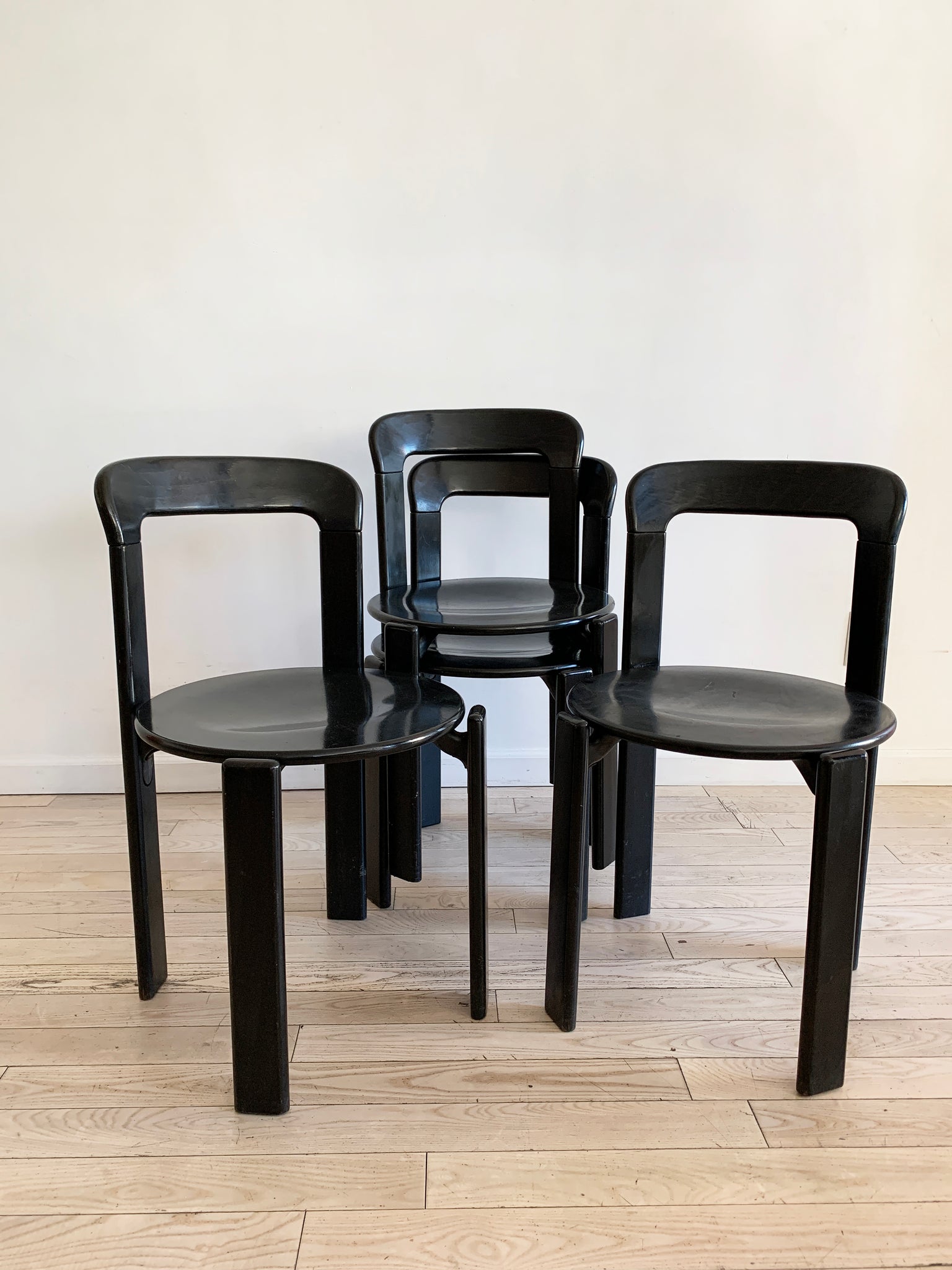 1970s Black Stained Rey Stacking Chairs by Bruno Rey - Set of 4