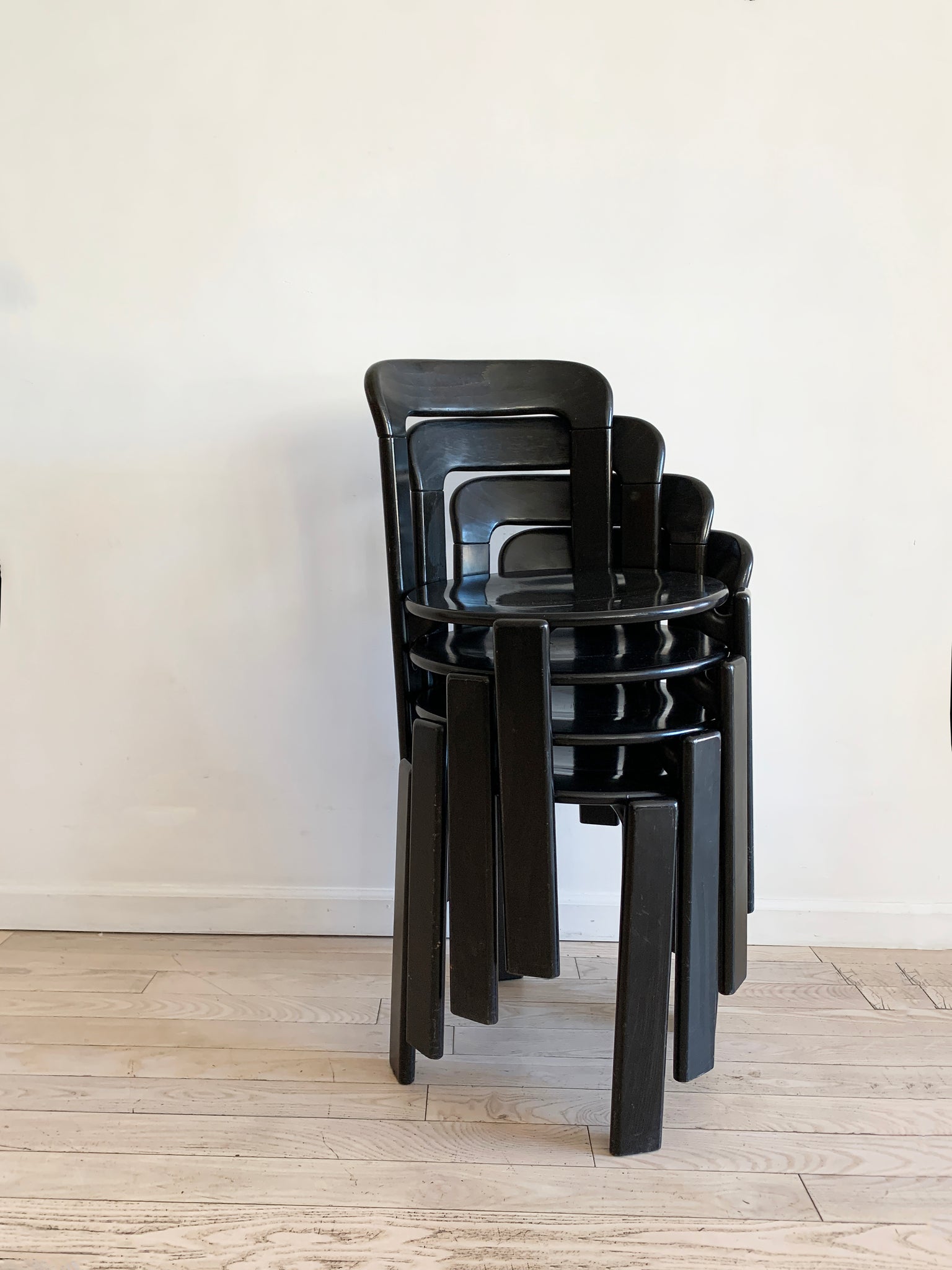 1970s Black Stained Rey Stacking Chairs by Bruno Rey - Set of 4