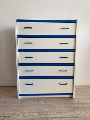 white tallboy dresser Fun Vintage White & Blue Contrast Tallboy Dresser – Home Union NYC