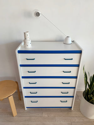 Fun Vintage White & Blue Contrast Tallboy Dresser