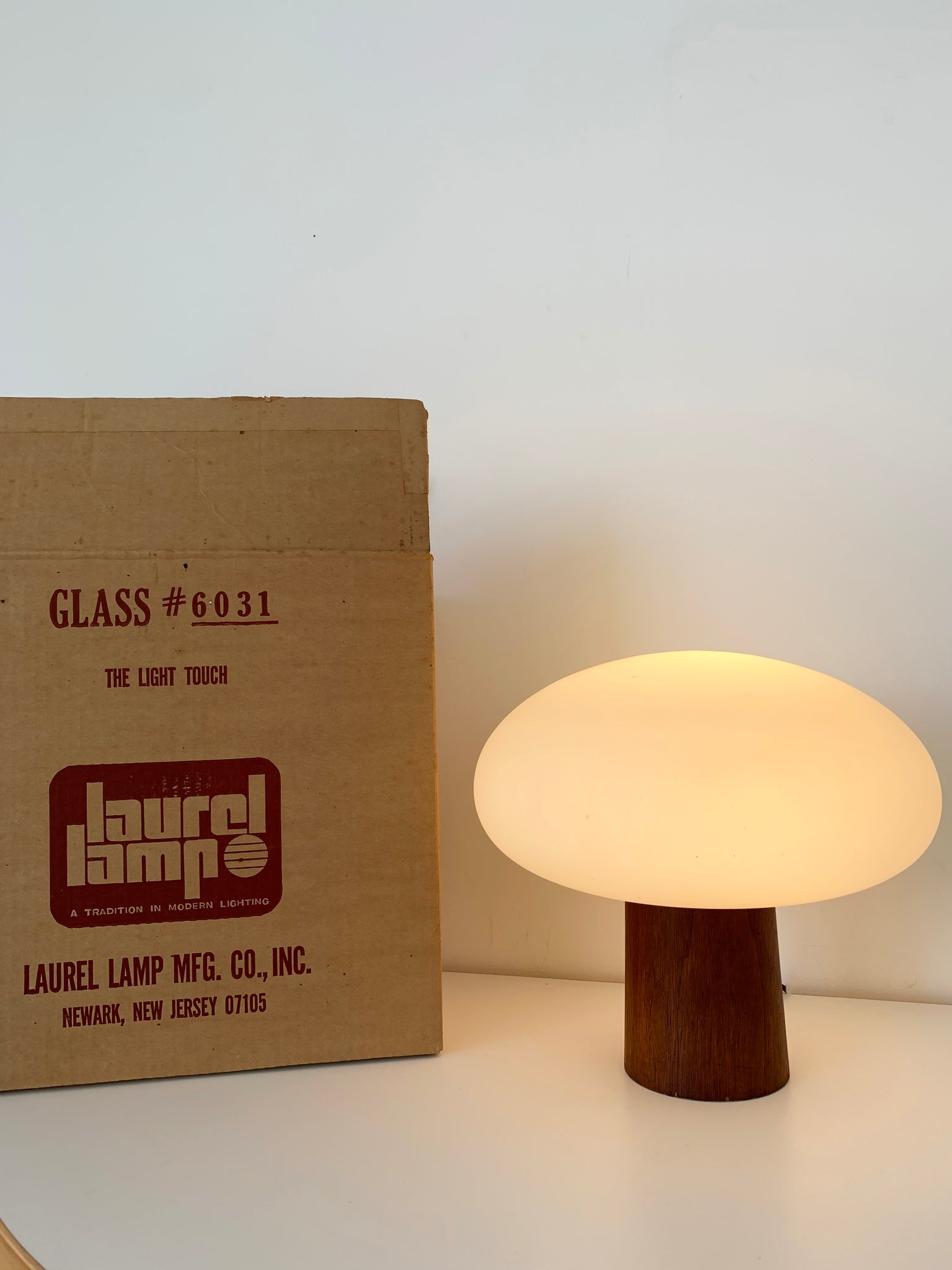 Mid Century Teak Base Laurel Lamp W/ Frosted Glass Mushroom Shade