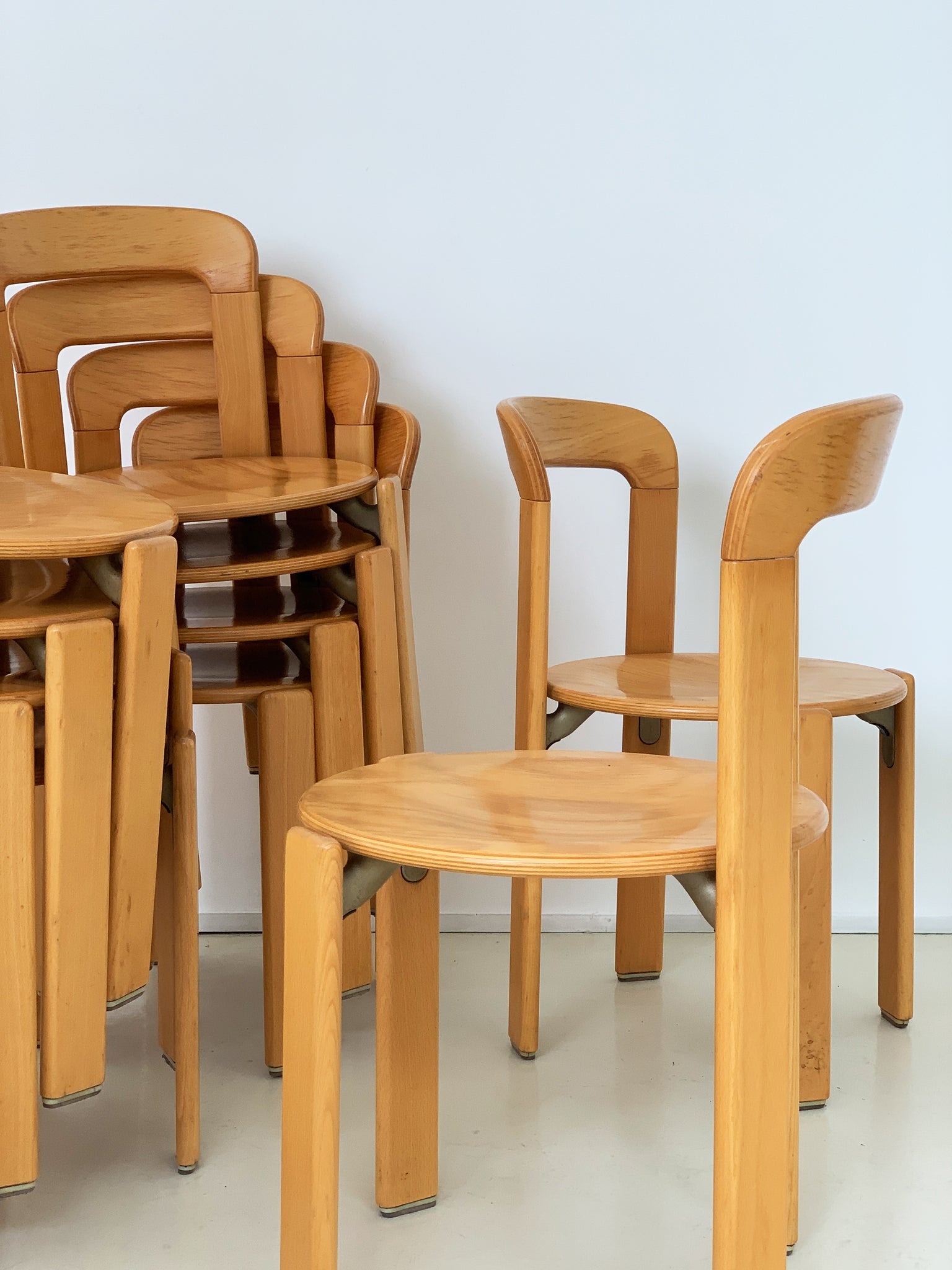 1970s Beech Rey Stacking Chairs Designed by Bruno Rey