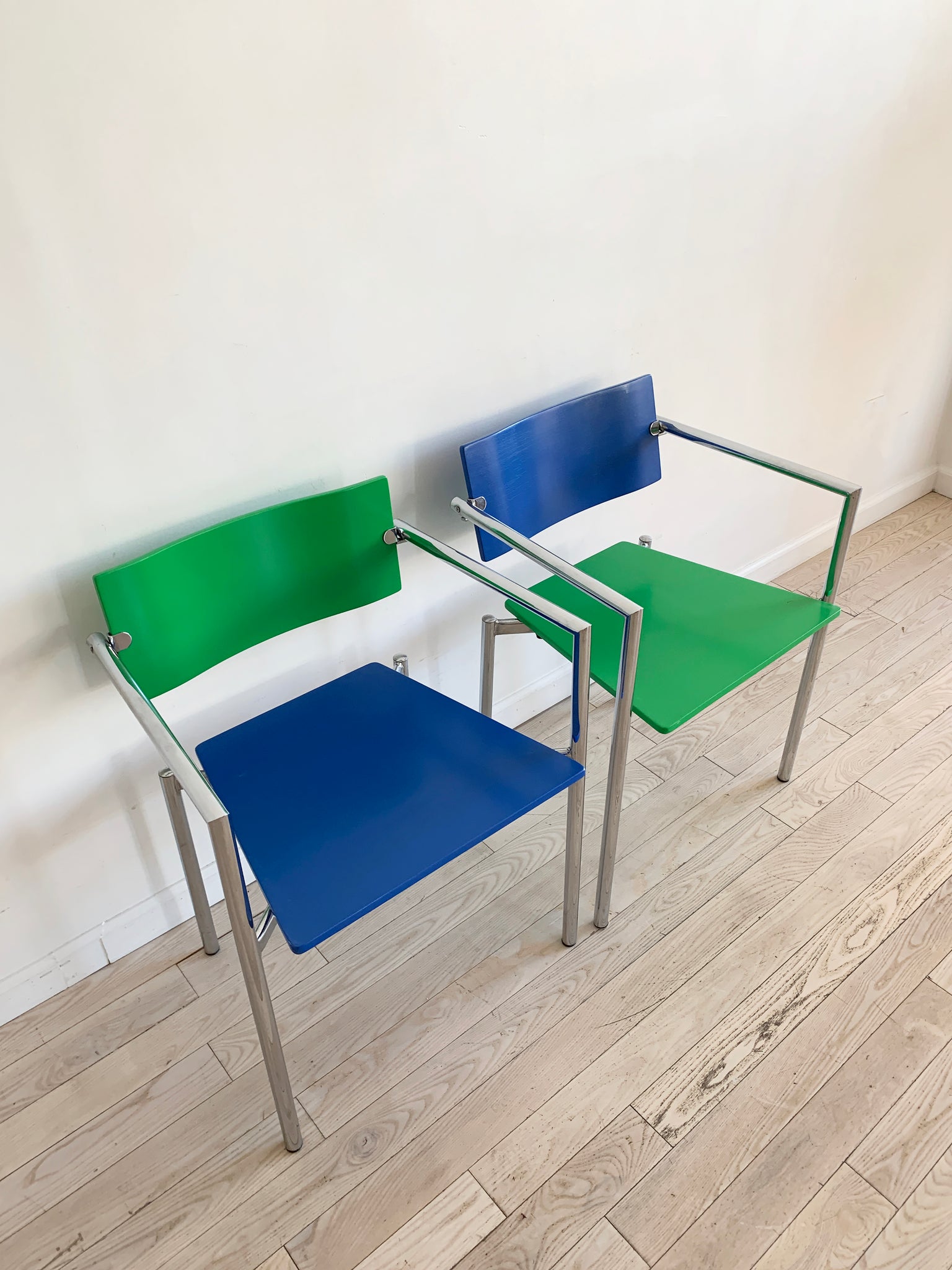 1970s Chrome Italian Arm Chair in Blue and Green
