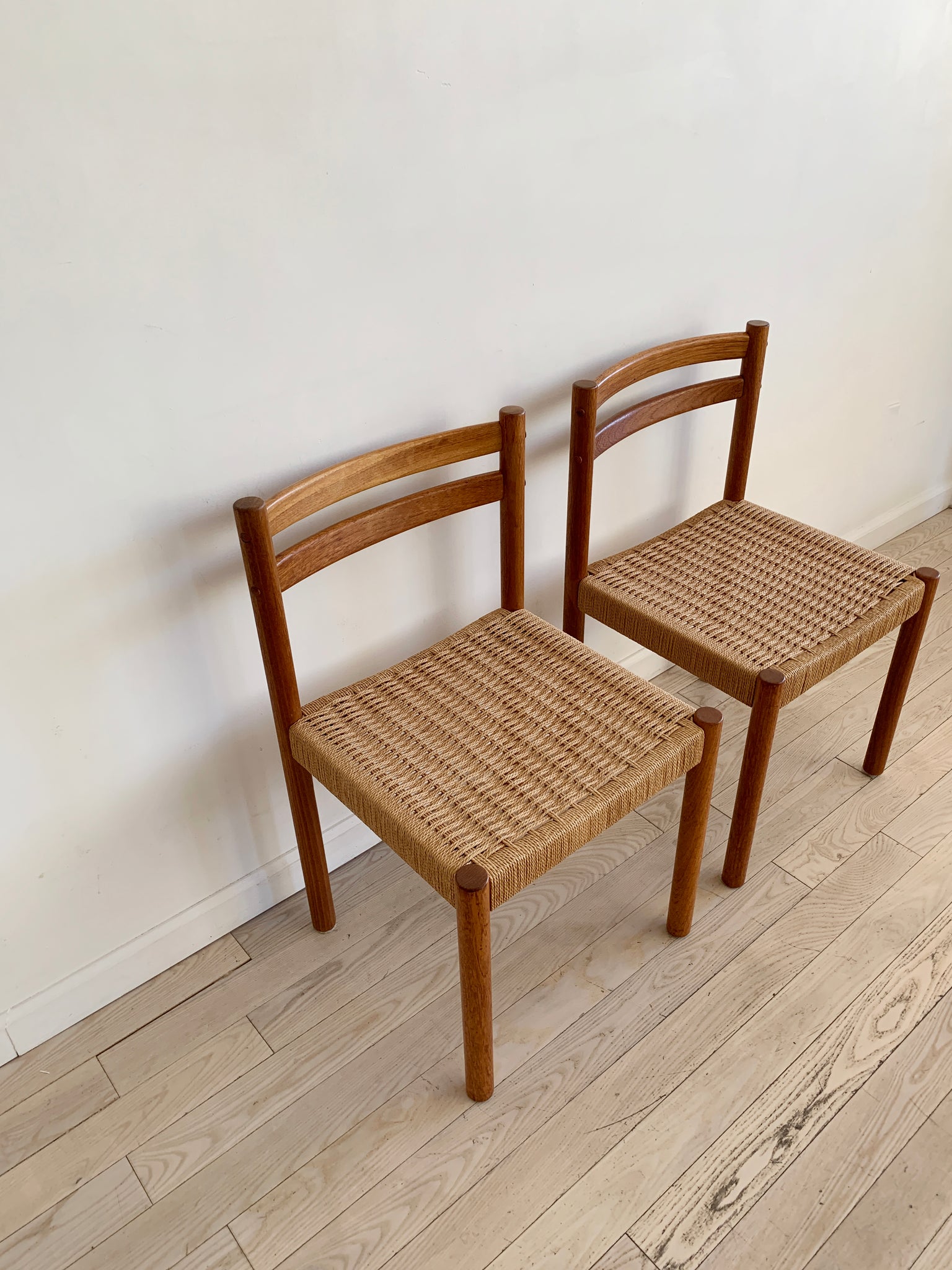 Pair of Mid Century Teak Danish Cord Dining Chairs