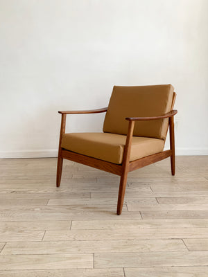 1960s Fumed Oak Folke Ohlsson for Dux Leather Lounge Chair W/ Cane Back