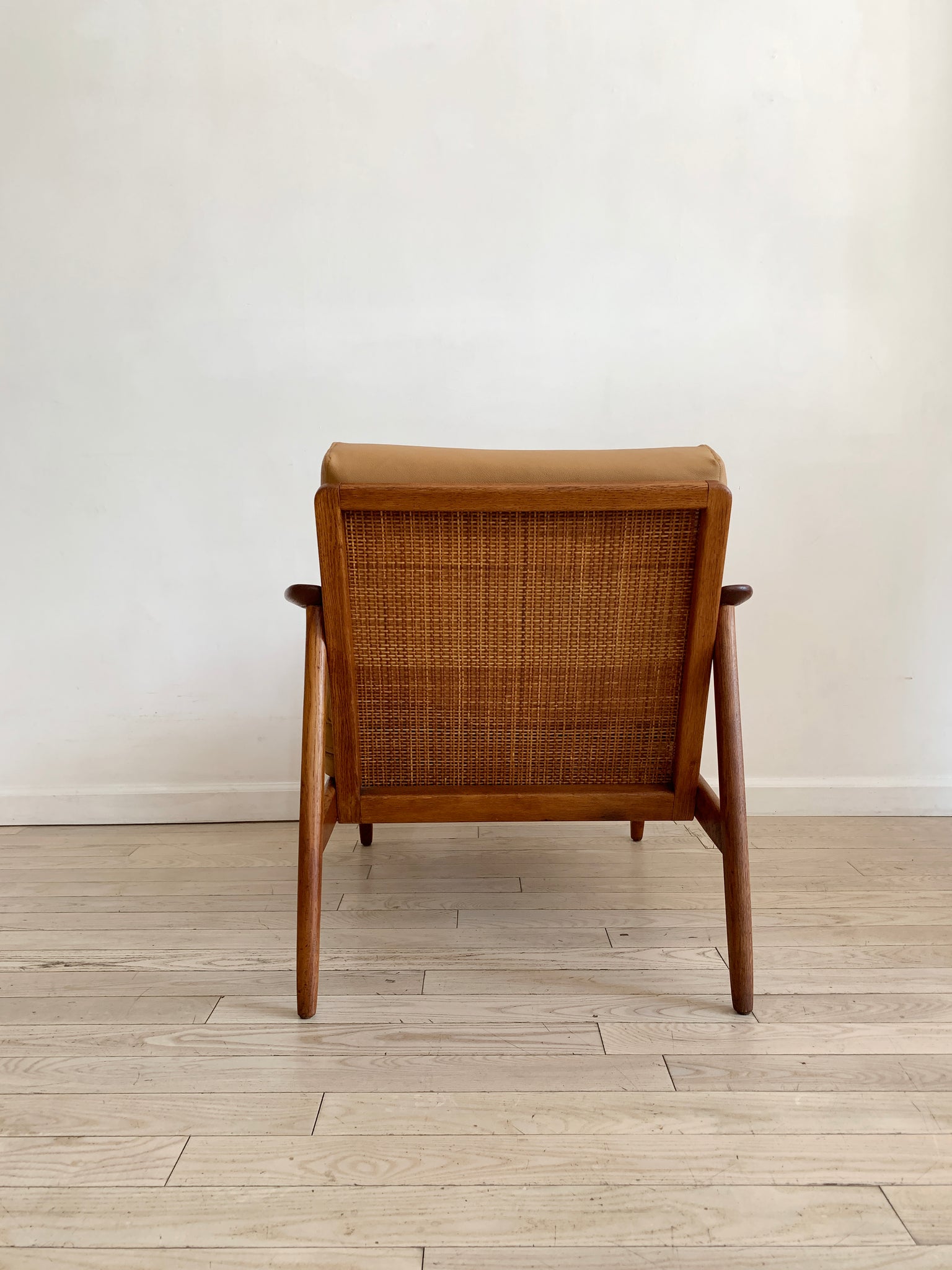 1960s Fumed Oak Folke Ohlsson for Dux Leather Lounge Chair W/ Cane Back