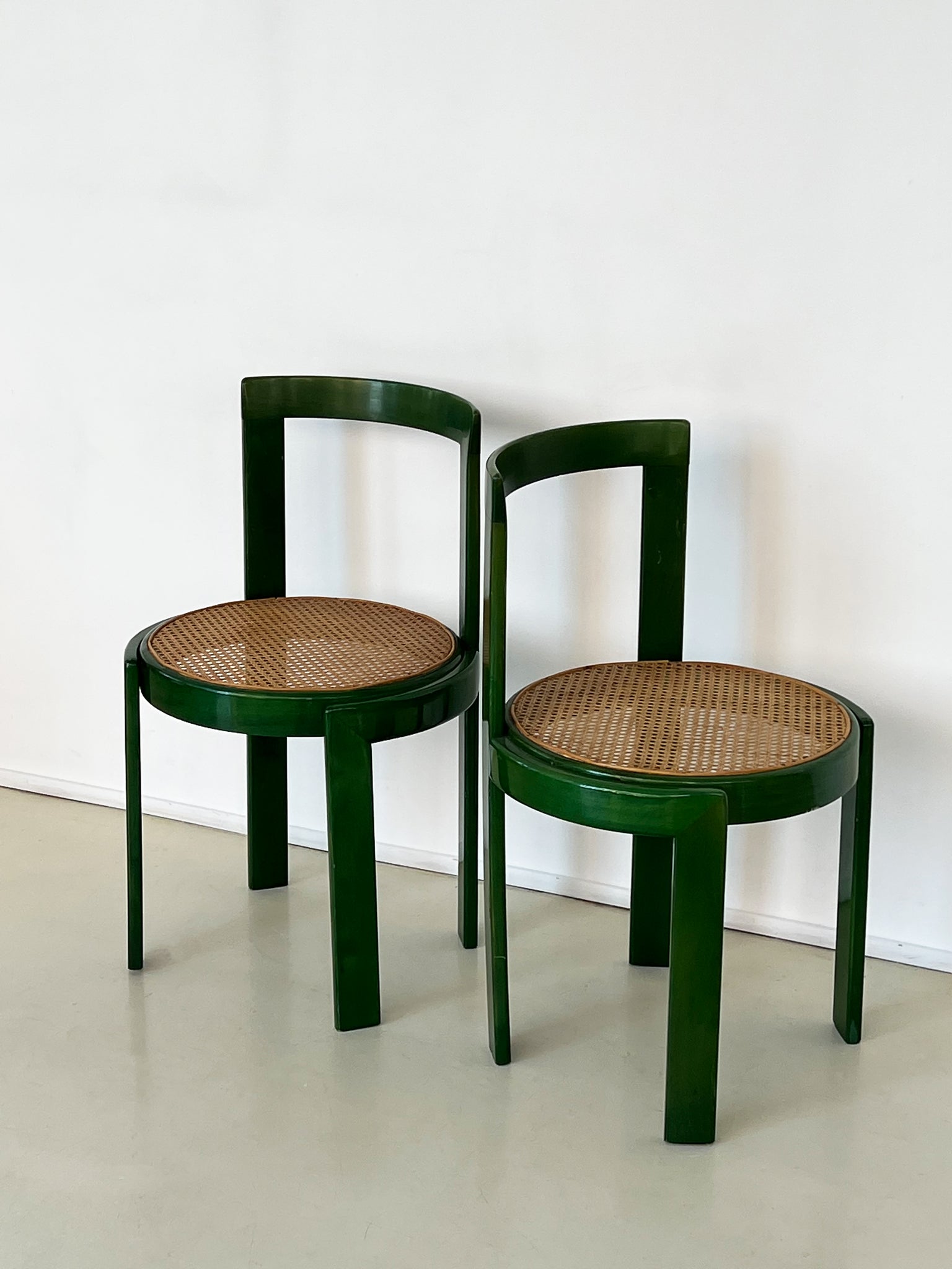 1970s Italian Cane Dining Chairs, Green Pair