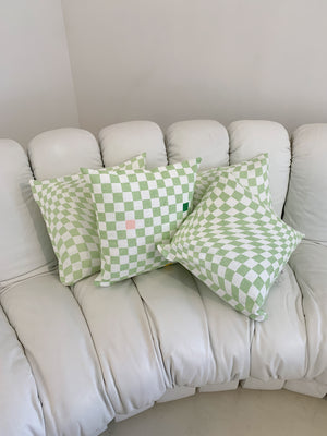 Linen Screen Printed Sage Green Twisted Checkerboard Pillows