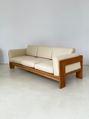 1970s Oak and Cream Leather Bastiano Sofa