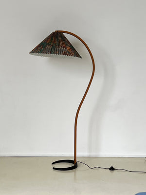 Vintage Printed Pleated Bent Teak Caprani Floor Lamp, Denmark